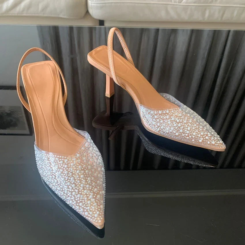 VougeVamp Slingback Pearl Decorated High Heels – Elegant Bridal Pumps for Weddings, Parties & Events