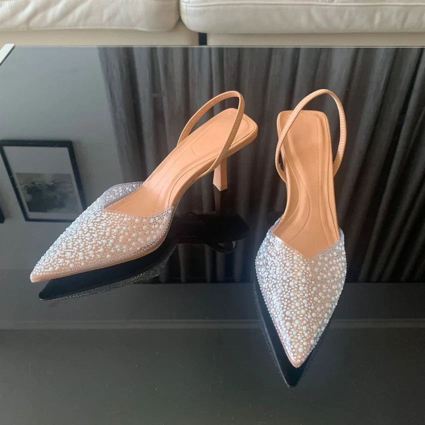 VougeVamp Slingback Pearl Decorated High Heels – Elegant Bridal Pumps for Weddings, Parties & Events