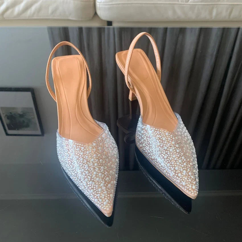 VougeVamp Slingback Pearl Decorated High Heels – Elegant Bridal Pumps for Weddings, Parties & Events