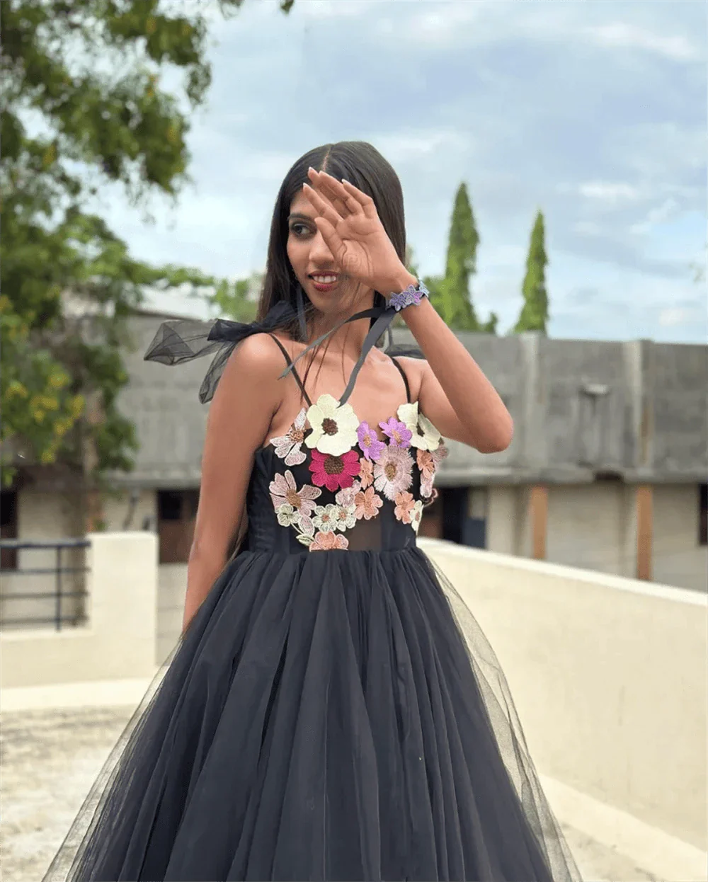 VougeVamp Sweetheart Black Prom Dress with 3D Floral Embroidery - A-Line Fairy Prom Gown