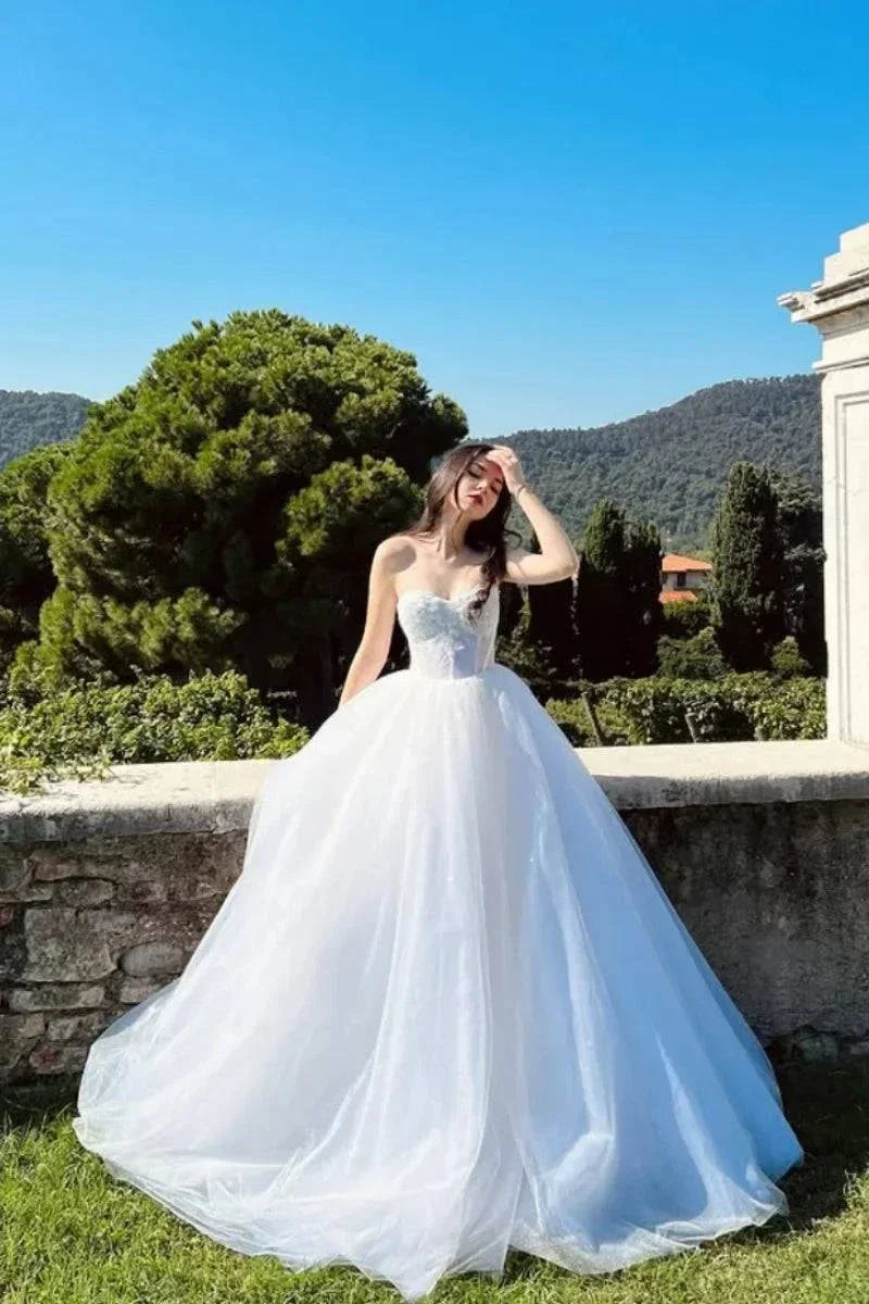 VougeVamp Transparent Tulle Waist Bridal Dress - White Princess A-Line Evening Gown for Formal Occasions