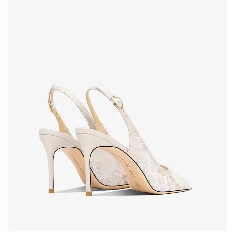 VougeVamp White Lace Bridal High Heel Sandals – Elegant Pointed Toe Wedding & Party Shoes