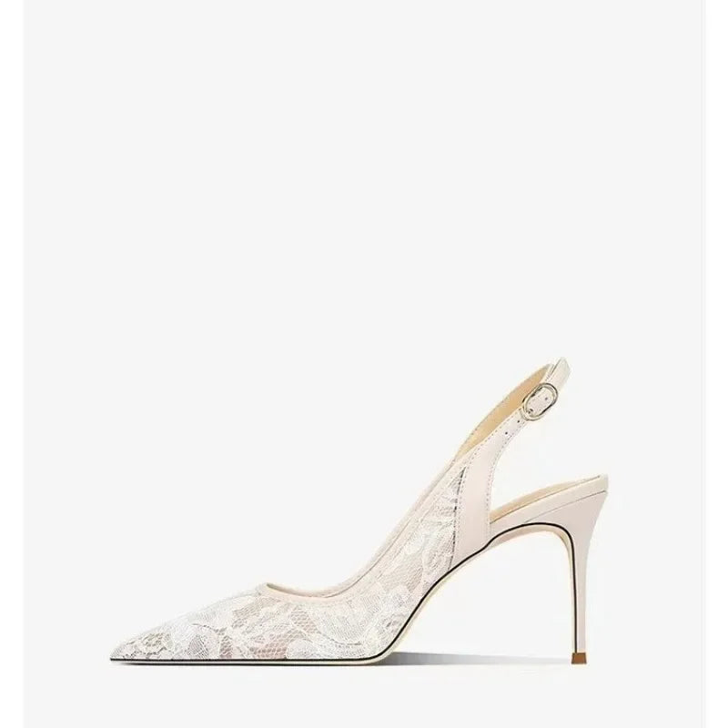 VougeVamp White Lace Bridal High Heel Sandals – Elegant Pointed Toe Wedding & Party Shoes