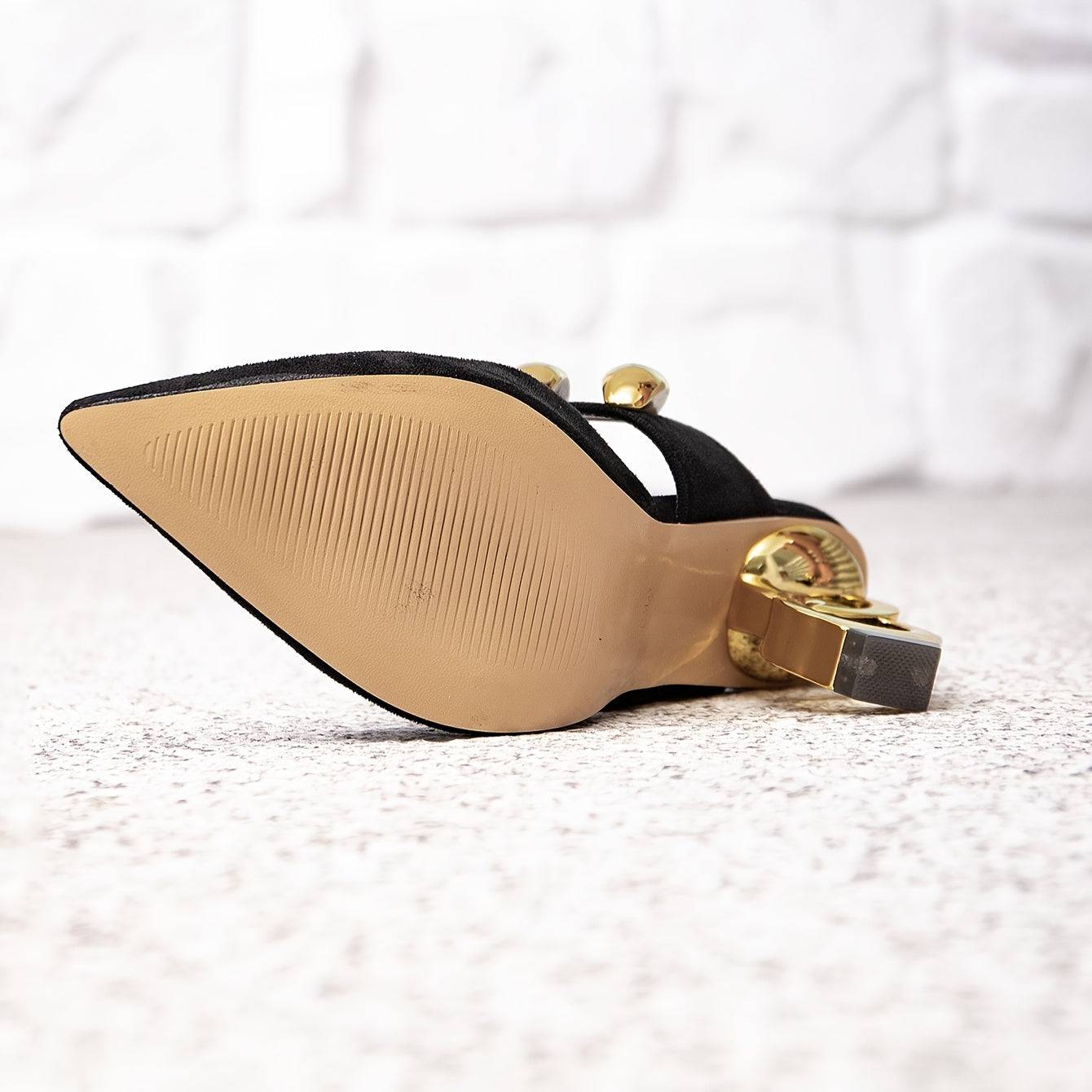 VougeVamp Women's Black Ultra-High Heel Sandals – Sexy Pointed Toe Slip-On with Golden Buckle Detail