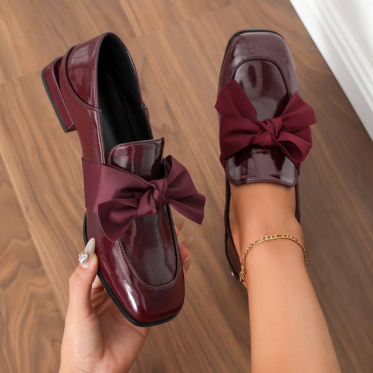 VougeVamp Women's Fashionable Bow Burgundy Mules – Elegant Slip-On High Heel Shoes