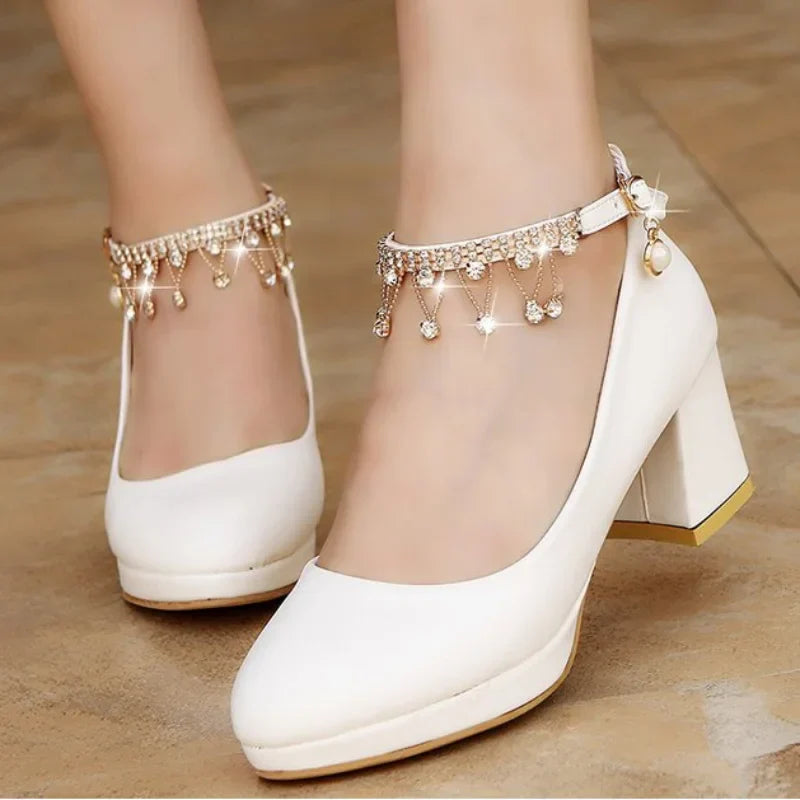 VougeVamp Crystal Pearl Ankle Strap Bridal Heels – White Wedding Pumps for Brides & Formal Occasions
