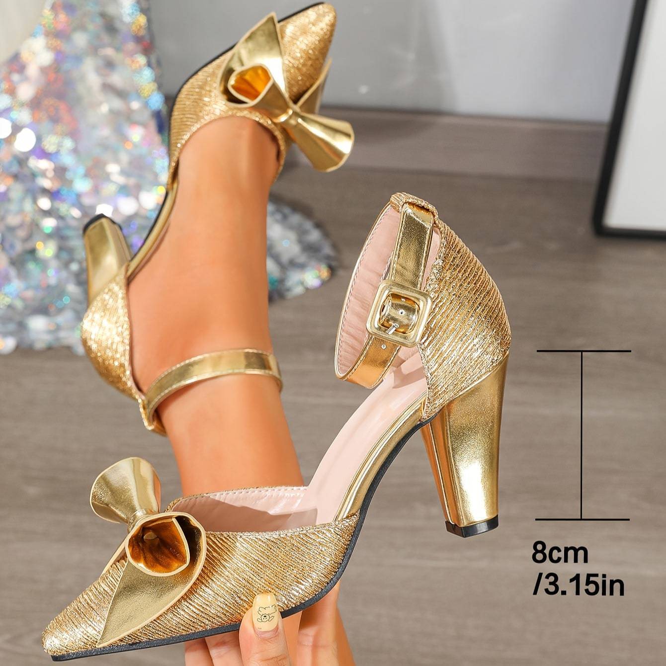 VougeVamp Women's Pointed Toe Chunky Heel Bowknot Shoes – Elegant Hollow-Out Low Heel Dress Shoes for Banquets