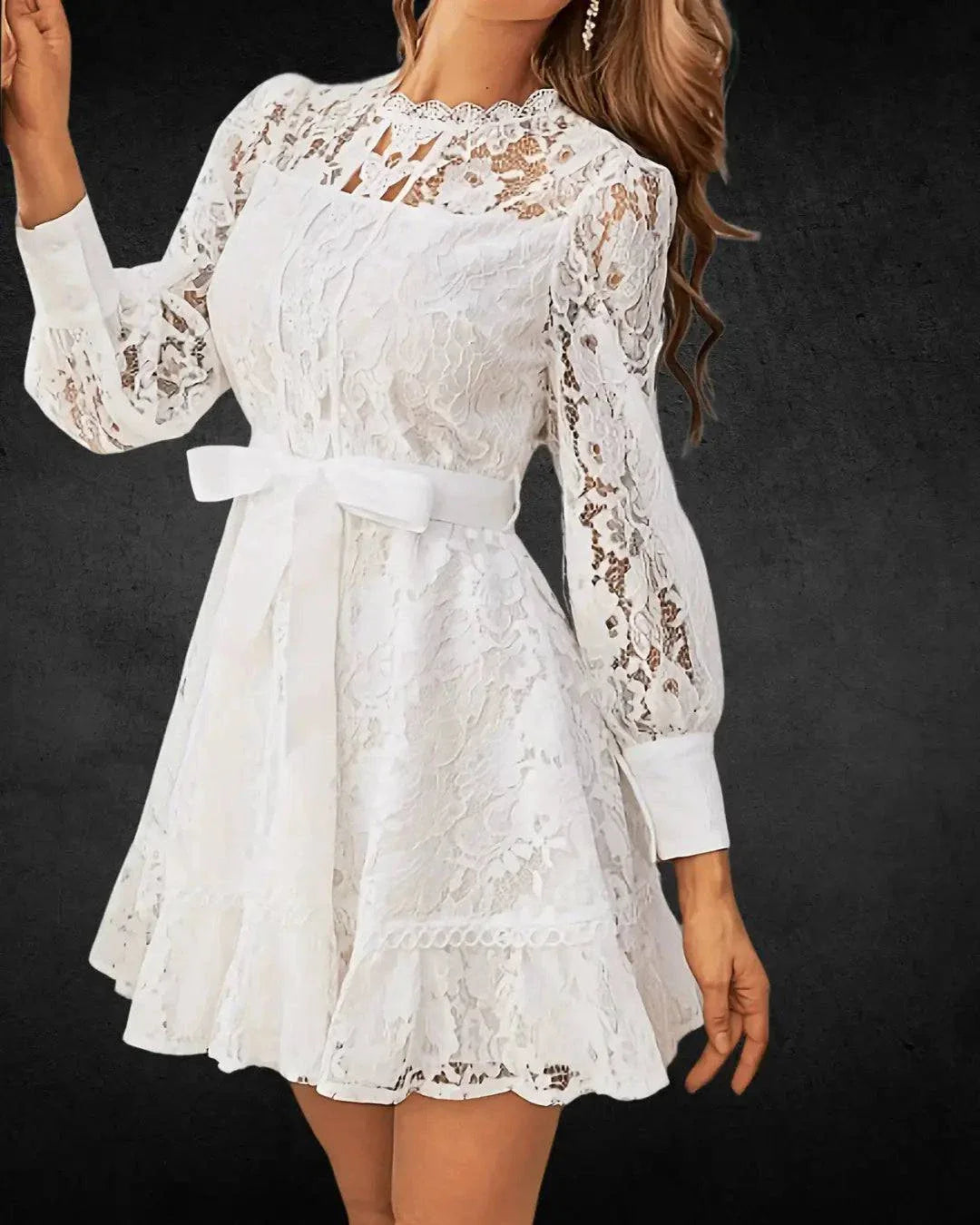 White Lace Bridal Dress - Long Sleeve, Intricate Cut-Out, Glossy Finish - VougeVampUK