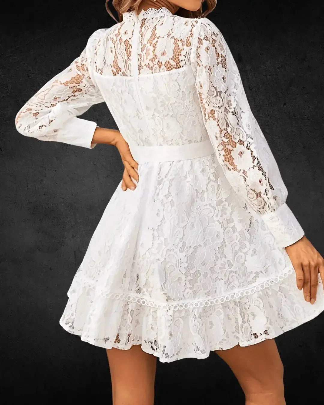 White Lace Bridal Dress - Long Sleeve, Intricate Cut-Out, Glossy Finish - VougeVampUK