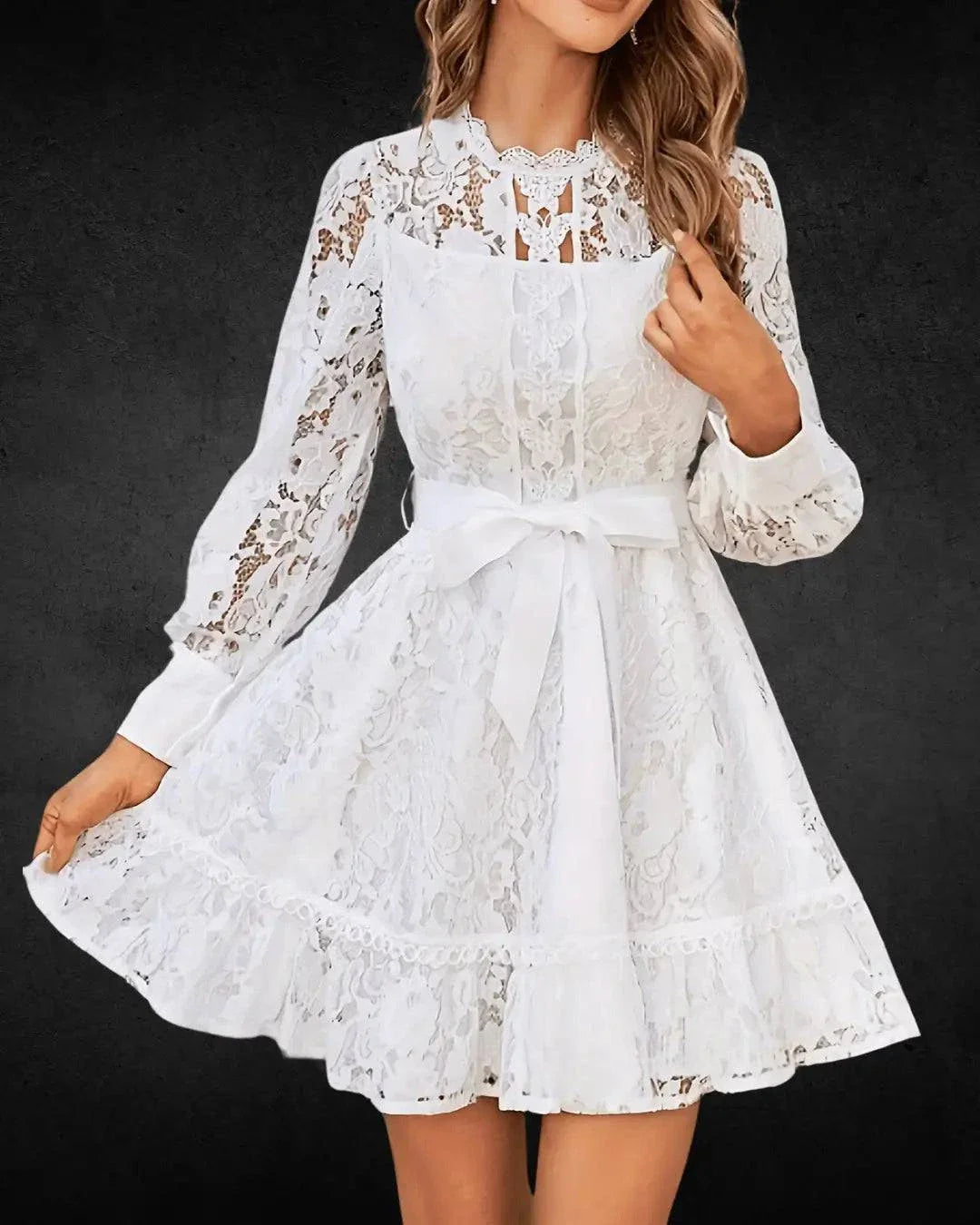White Lace Bridal Dress - Long Sleeve, Intricate Cut-Out, Glossy Finish - VougeVampUK
