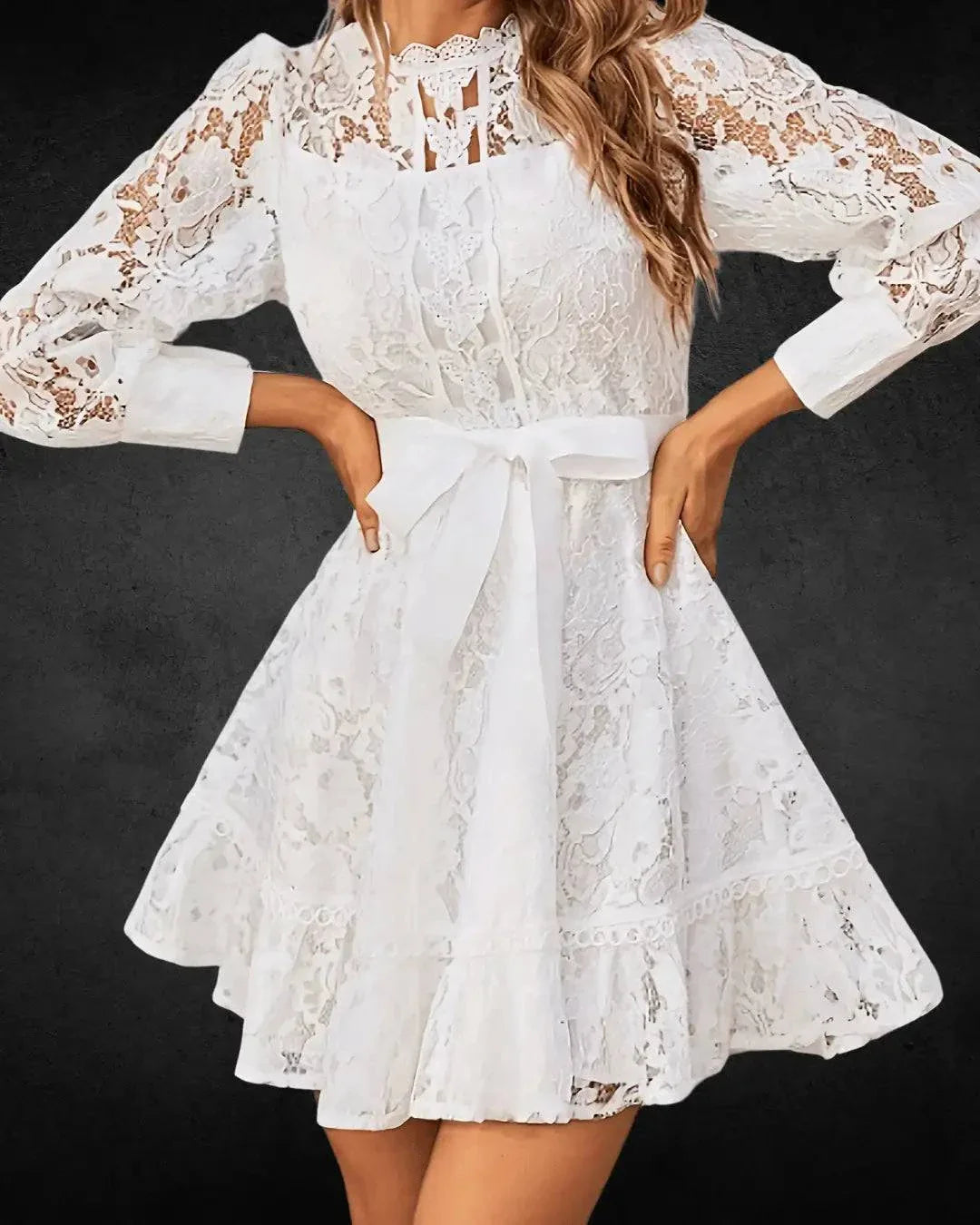 White Lace Bridal Dress - Long Sleeve, Intricate Cut-Out, Glossy Finish - VougeVampUK