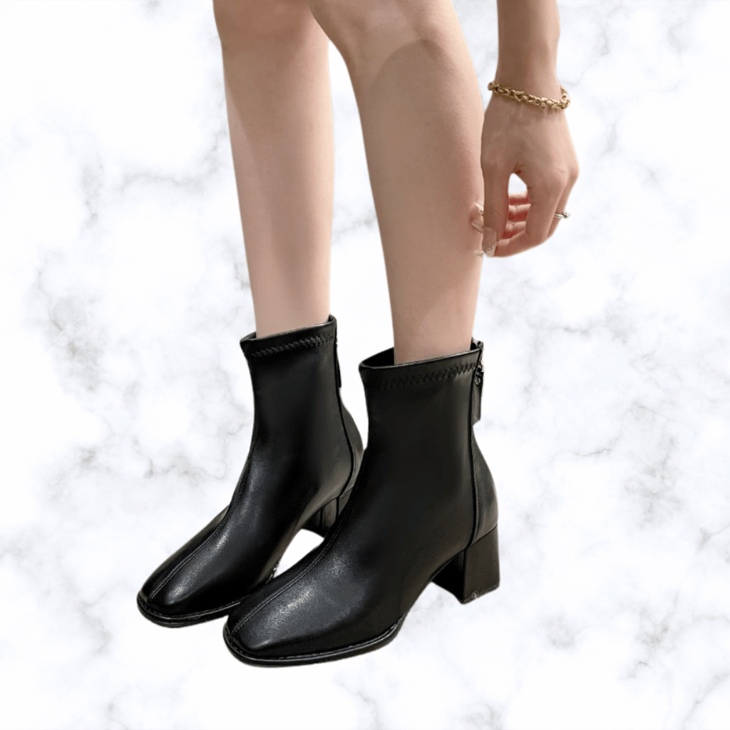 Women's British Style Square Toe Zipper Boots, Winter Fashion Chunky Heel High Heeled Designer Shoes