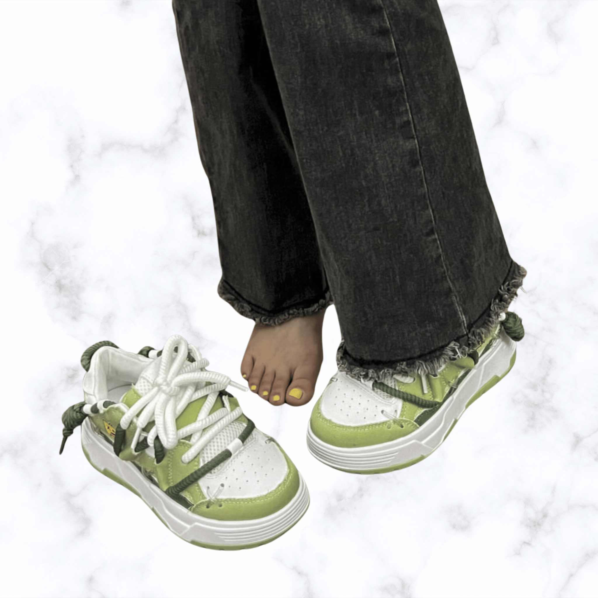 Women's Chunky Denim Platform Sneakers – Wide Sole, Lace-Up Hip Hop Style, Casual Splicing Design