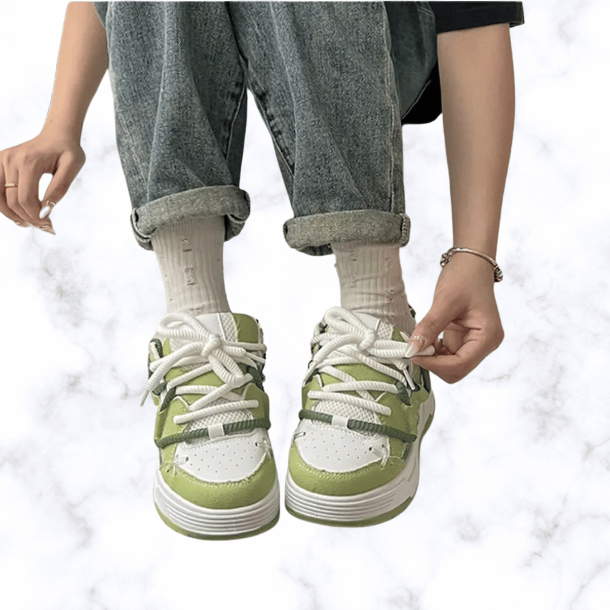 Women's Chunky Denim Platform Sneakers – Wide Sole, Lace-Up Hip Hop Style, Casual Splicing Design