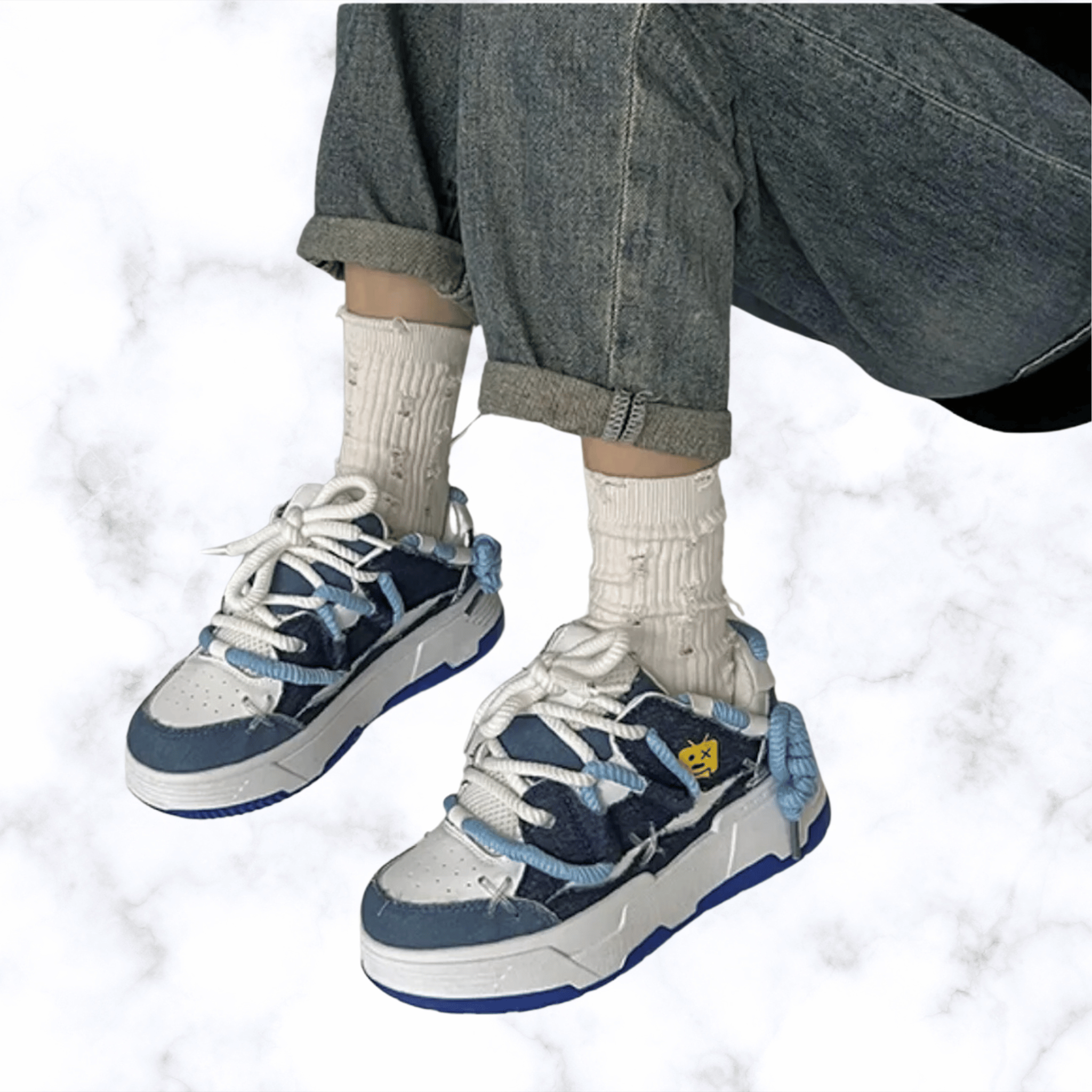 Women's Chunky Denim Platform Sneakers – Wide Sole, Lace-Up Hip Hop Style, Casual Splicing Design