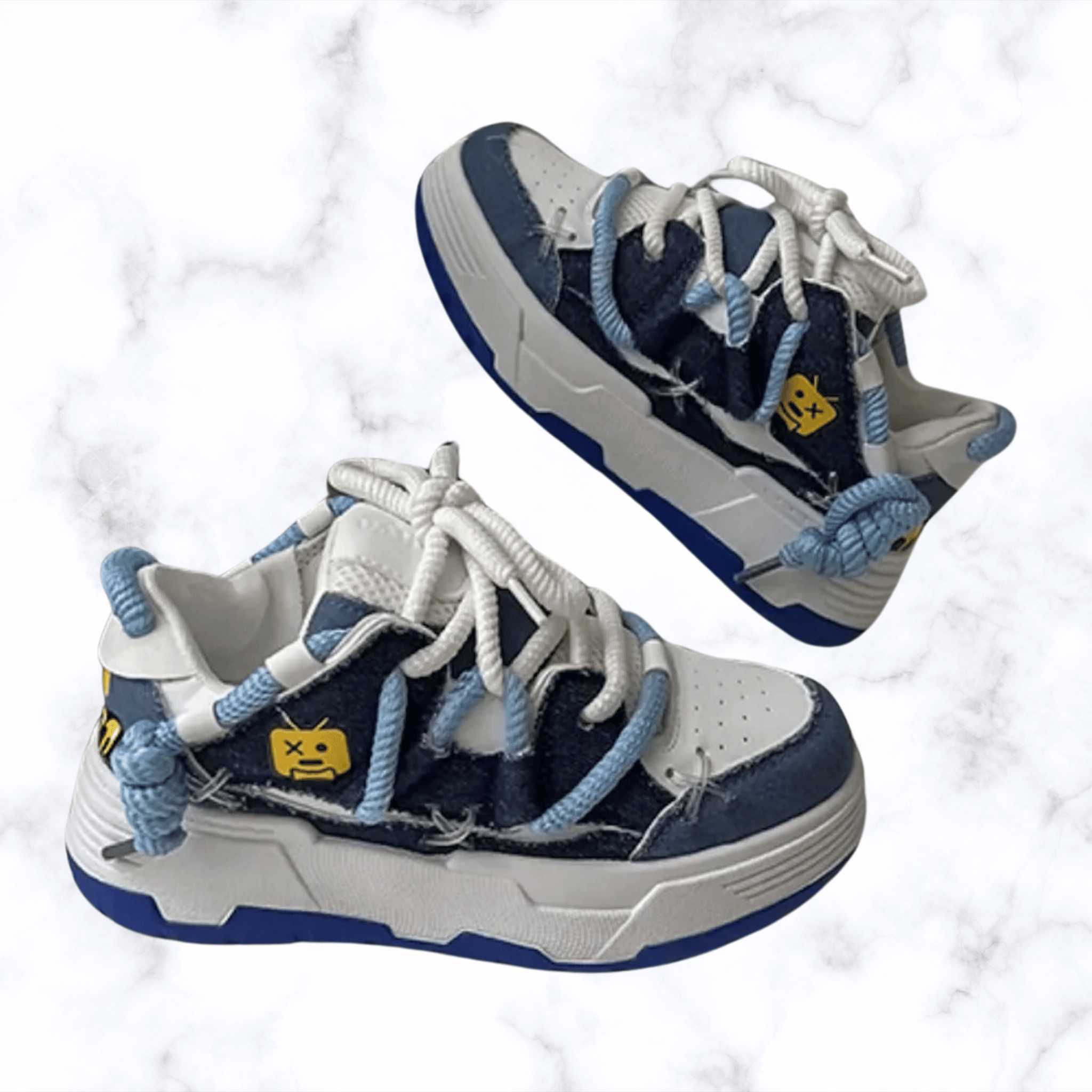 Women's Chunky Denim Platform Sneakers – Wide Sole, Lace-Up Hip Hop Style, Casual Splicing Design