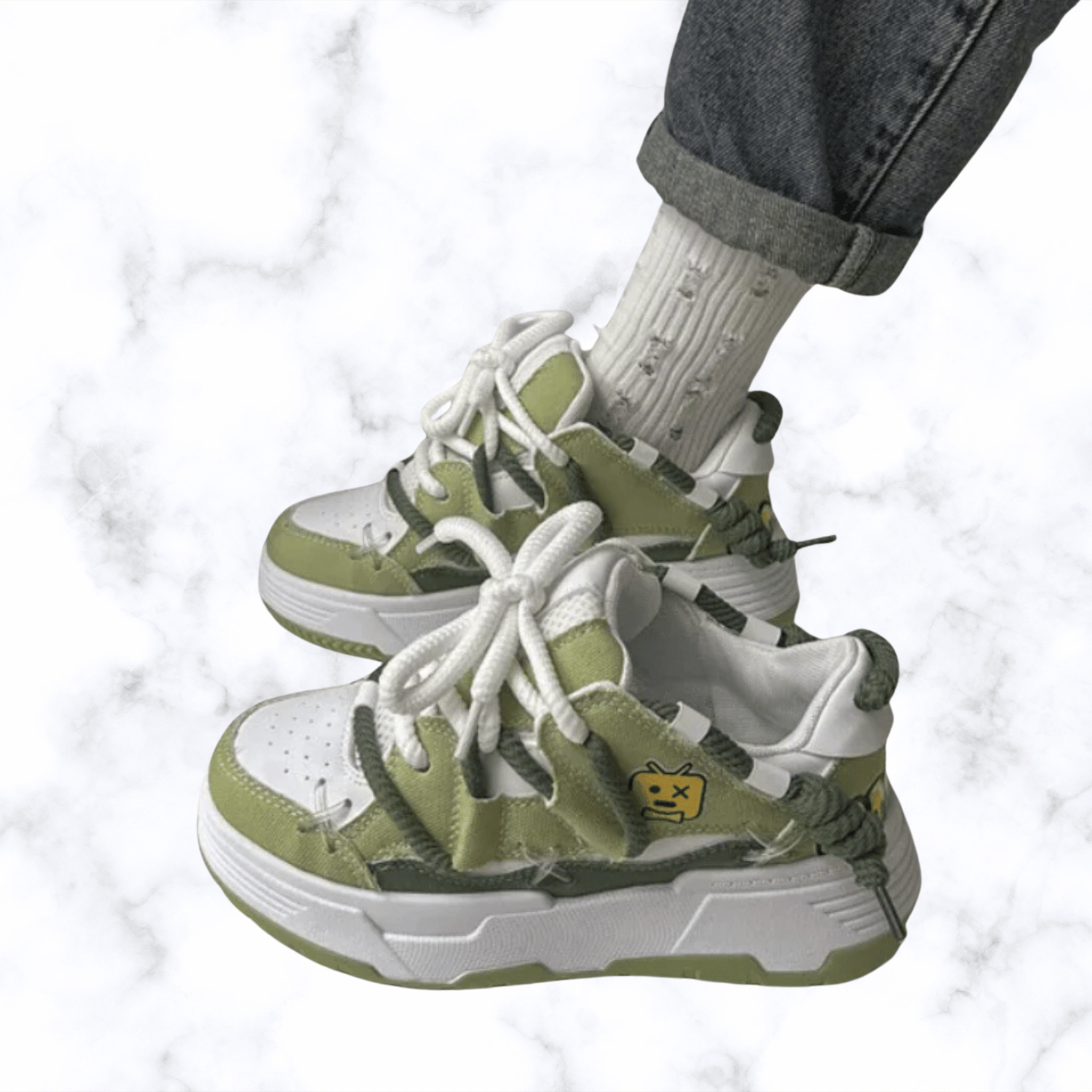 Women's Chunky Denim Platform Sneakers – Wide Sole, Lace-Up Hip Hop Style, Casual Splicing Design