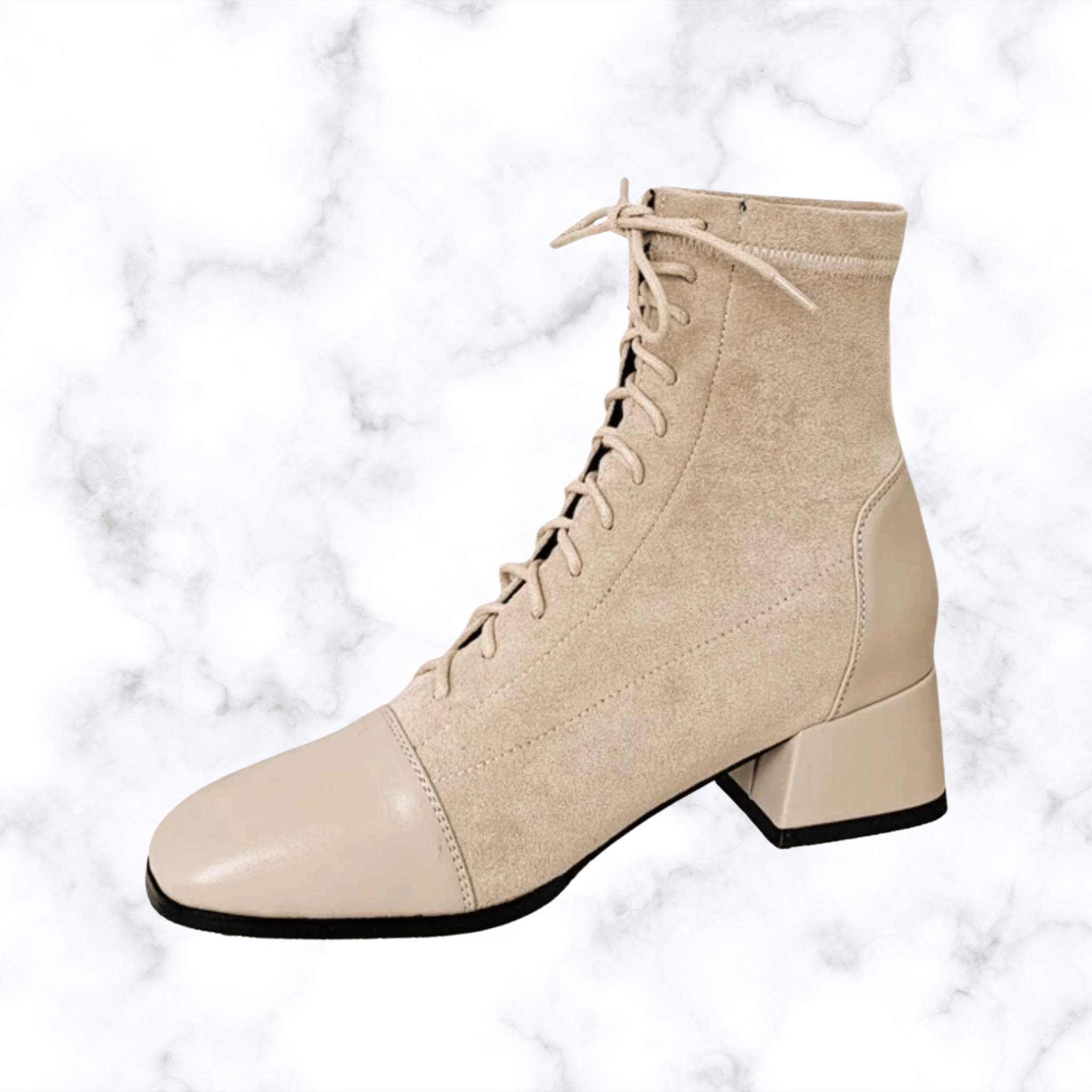 Women's Elegant Lace-Up Ankle Boots – Solid Black or Beige, Square Toe, Low Heels, Fashionable Rubber Design