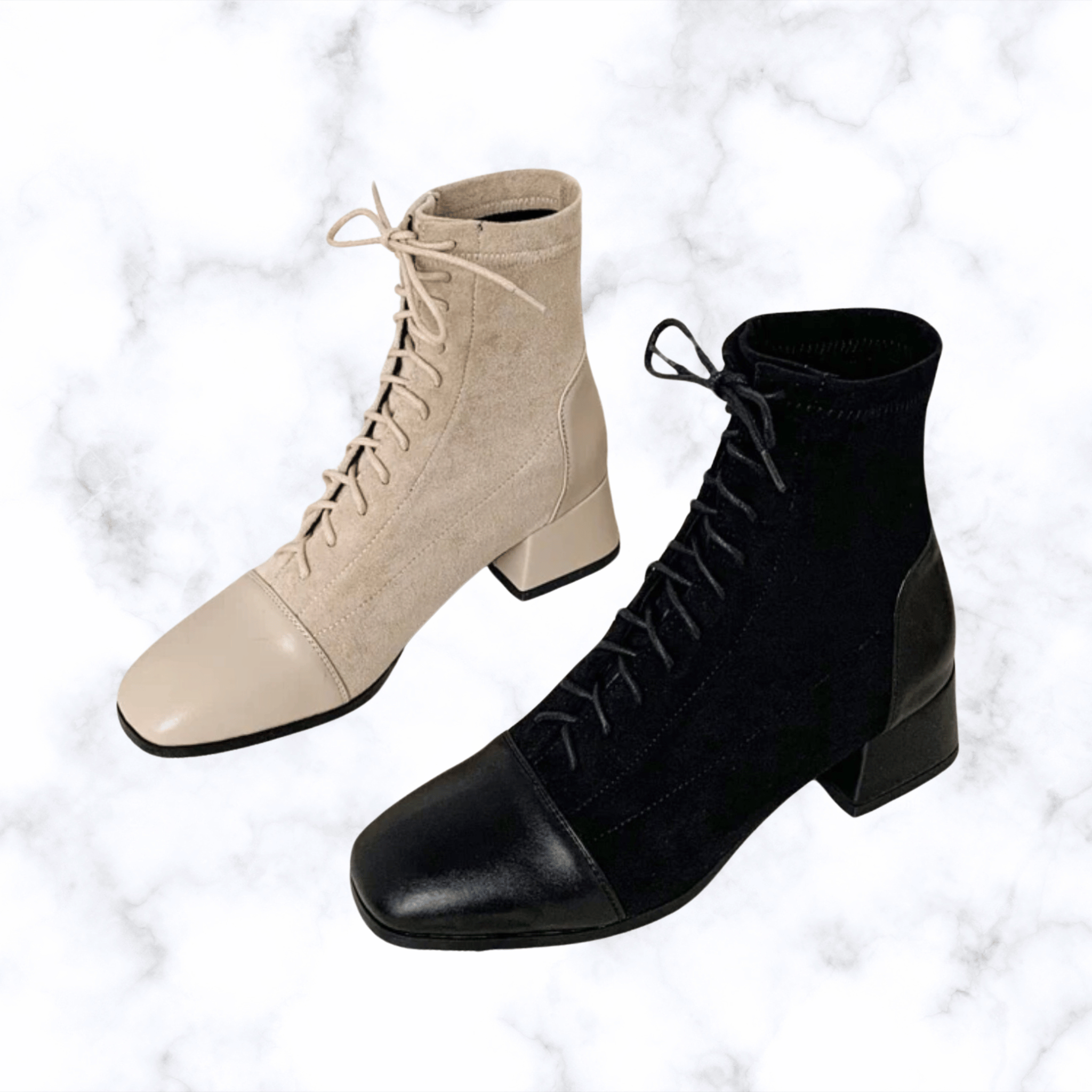 Women's Elegant Lace-Up Ankle Boots – Solid Black or Beige, Square Toe, Low Heels, Fashionable Rubber Design