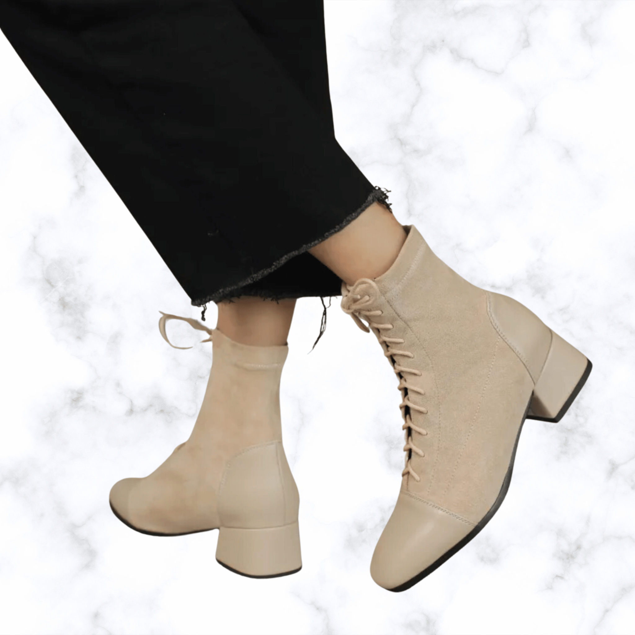 Women's Elegant Lace-Up Ankle Boots – Solid Black or Beige, Square Toe, Low Heels, Fashionable Rubber Design