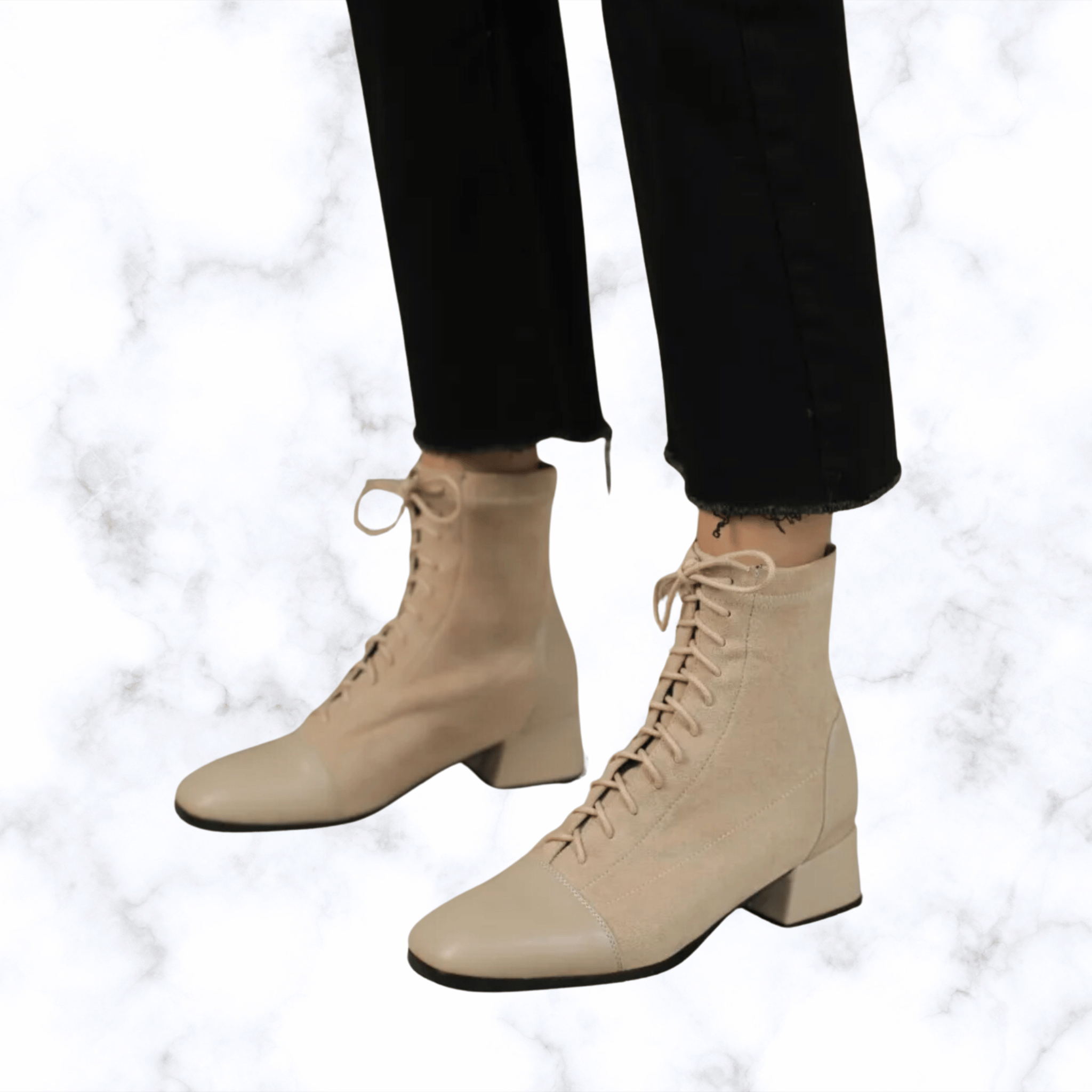 Women's Elegant Lace-Up Ankle Boots – Solid Black or Beige, Square Toe, Low Heels, Fashionable Rubber Design