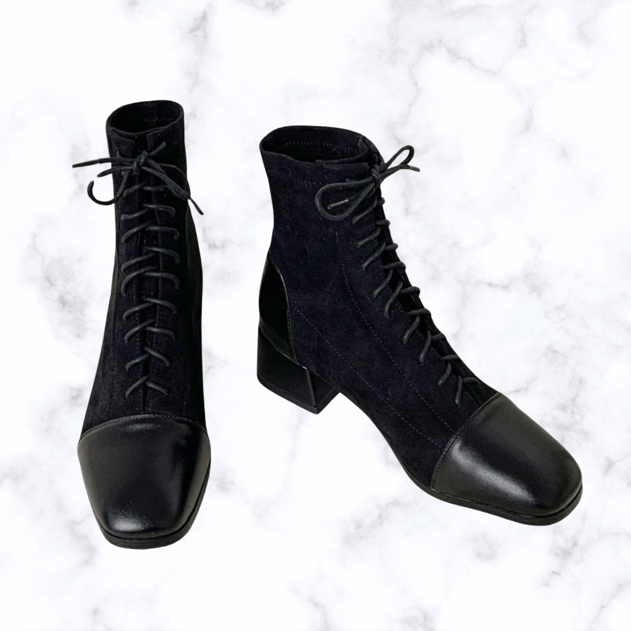 Women's Elegant Lace-Up Ankle Boots – Solid Black or Beige, Square Toe, Low Heels, Fashionable Rubber Design