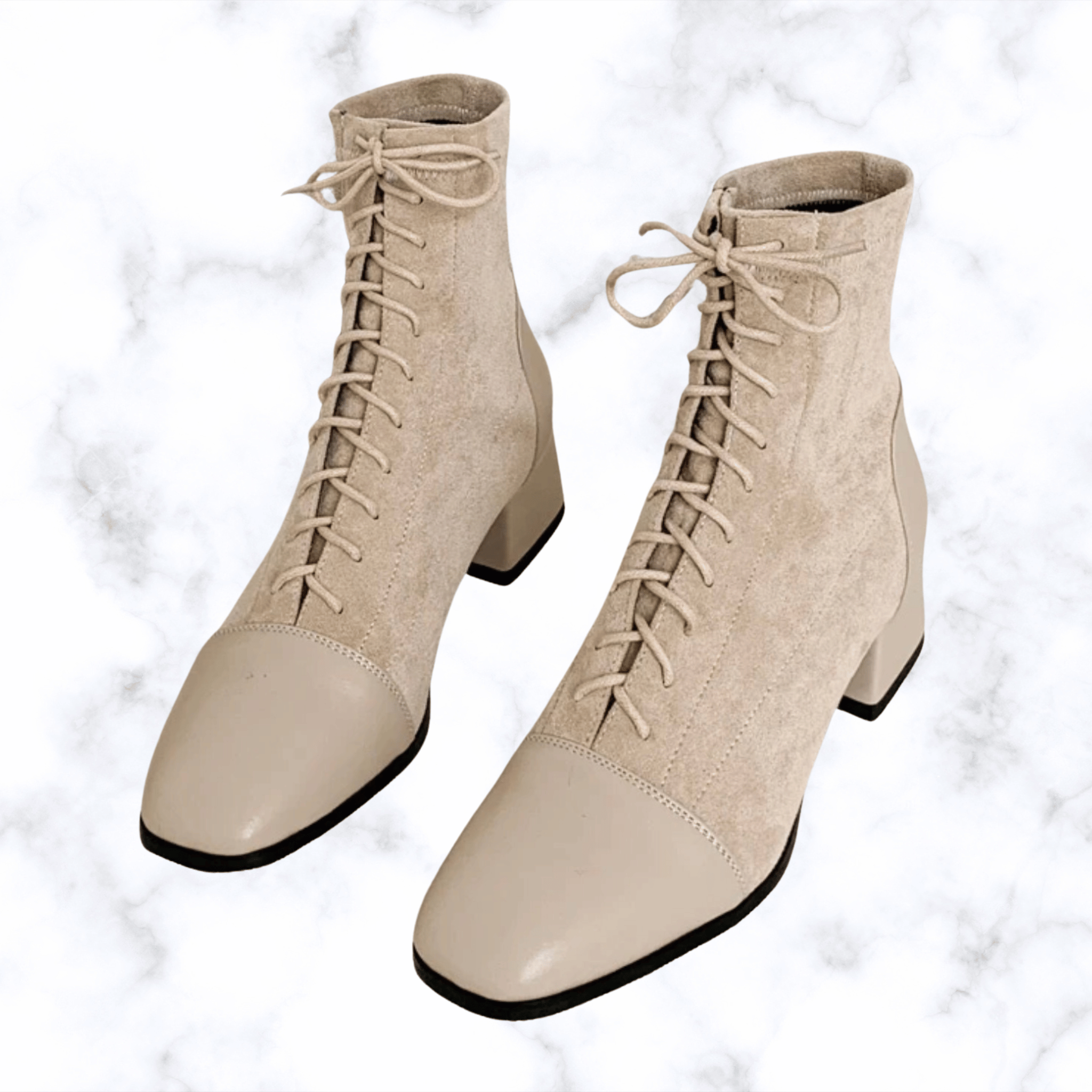 Women's Elegant Lace-Up Ankle Boots – Solid Black or Beige, Square Toe, Low Heels, Fashionable Rubber Design