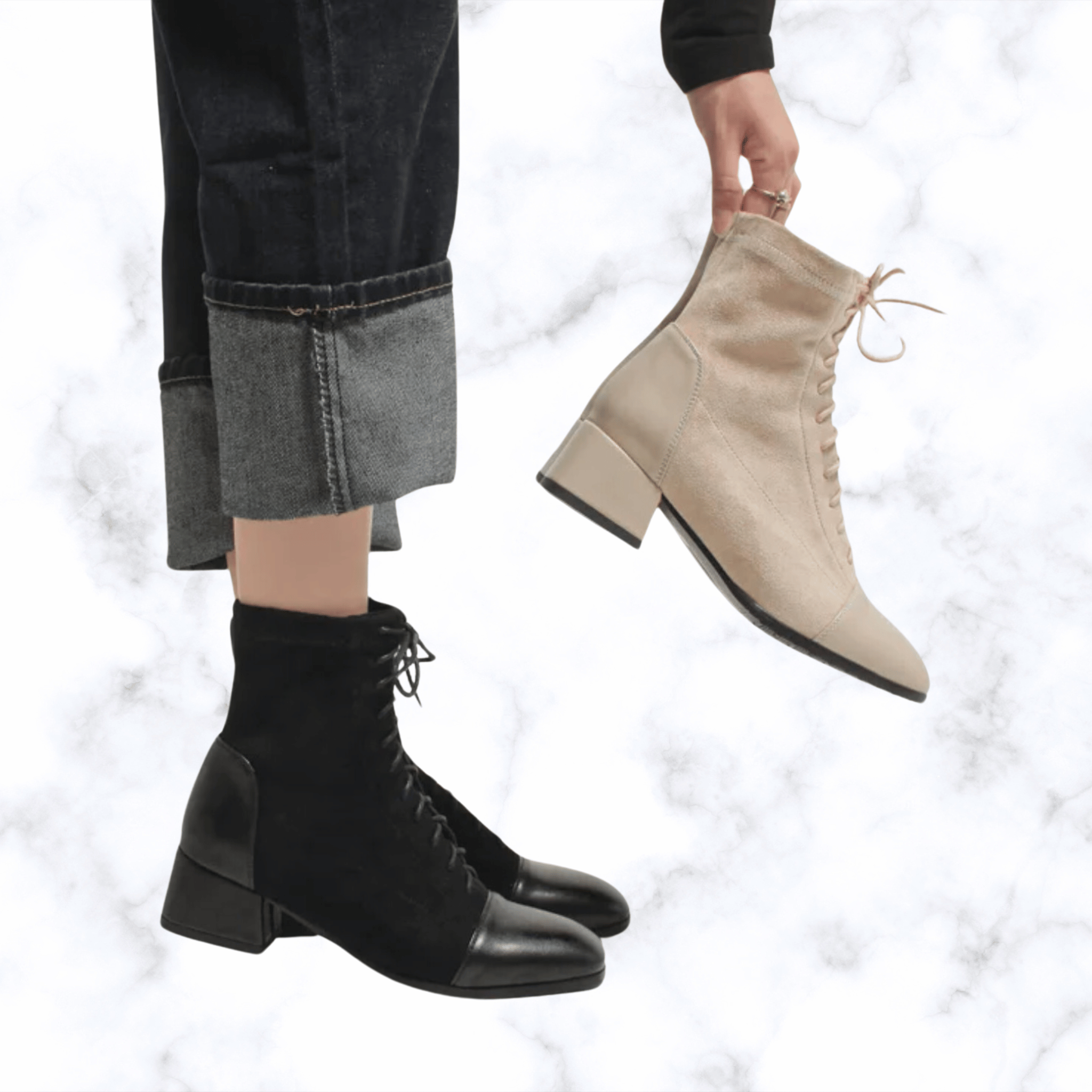 Women's Elegant Lace-Up Ankle Boots – Solid Black or Beige, Square Toe, Low Heels, Fashionable Rubber Design