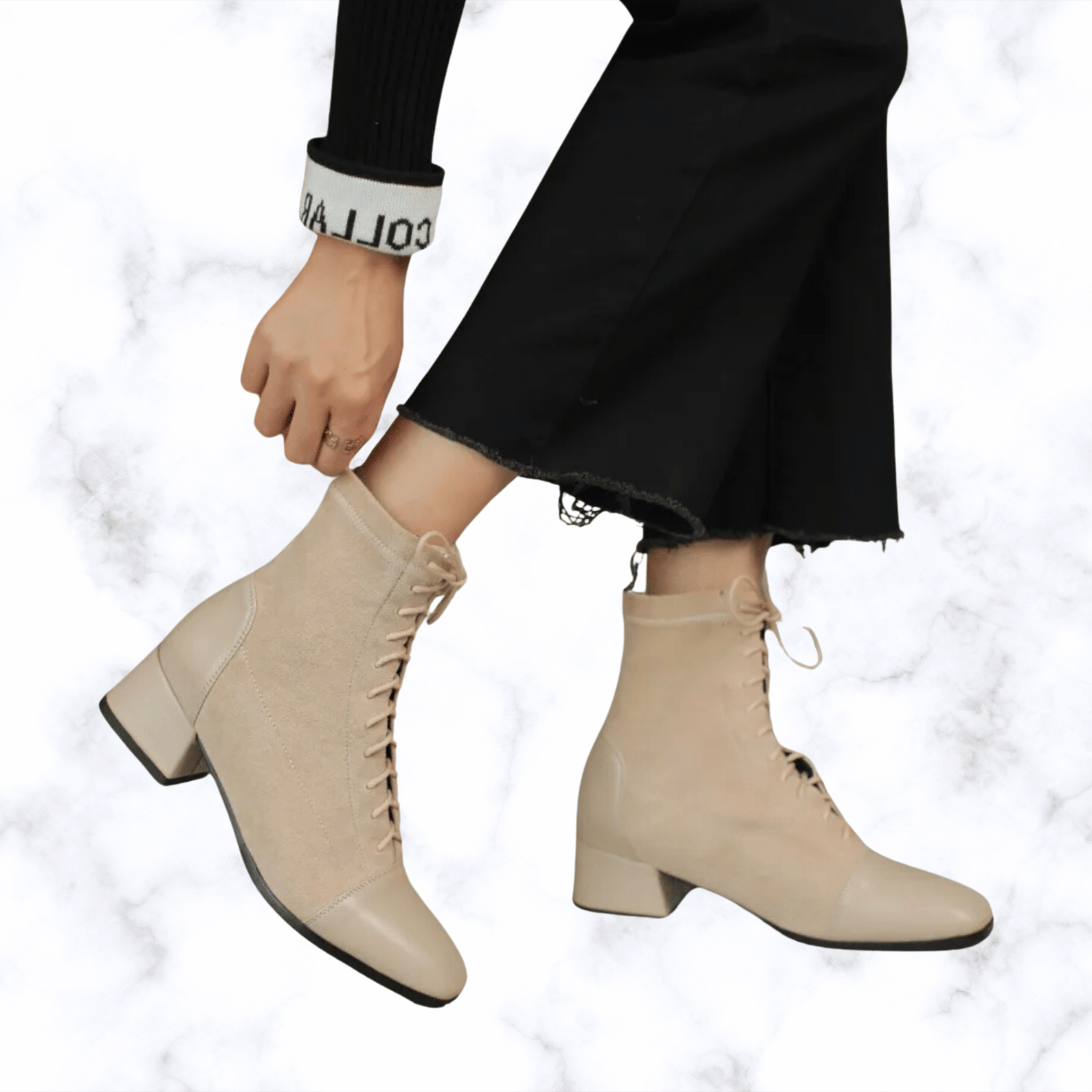 Women's Elegant Lace-Up Ankle Boots – Solid Black or Beige, Square Toe, Low Heels, Fashionable Rubber Design