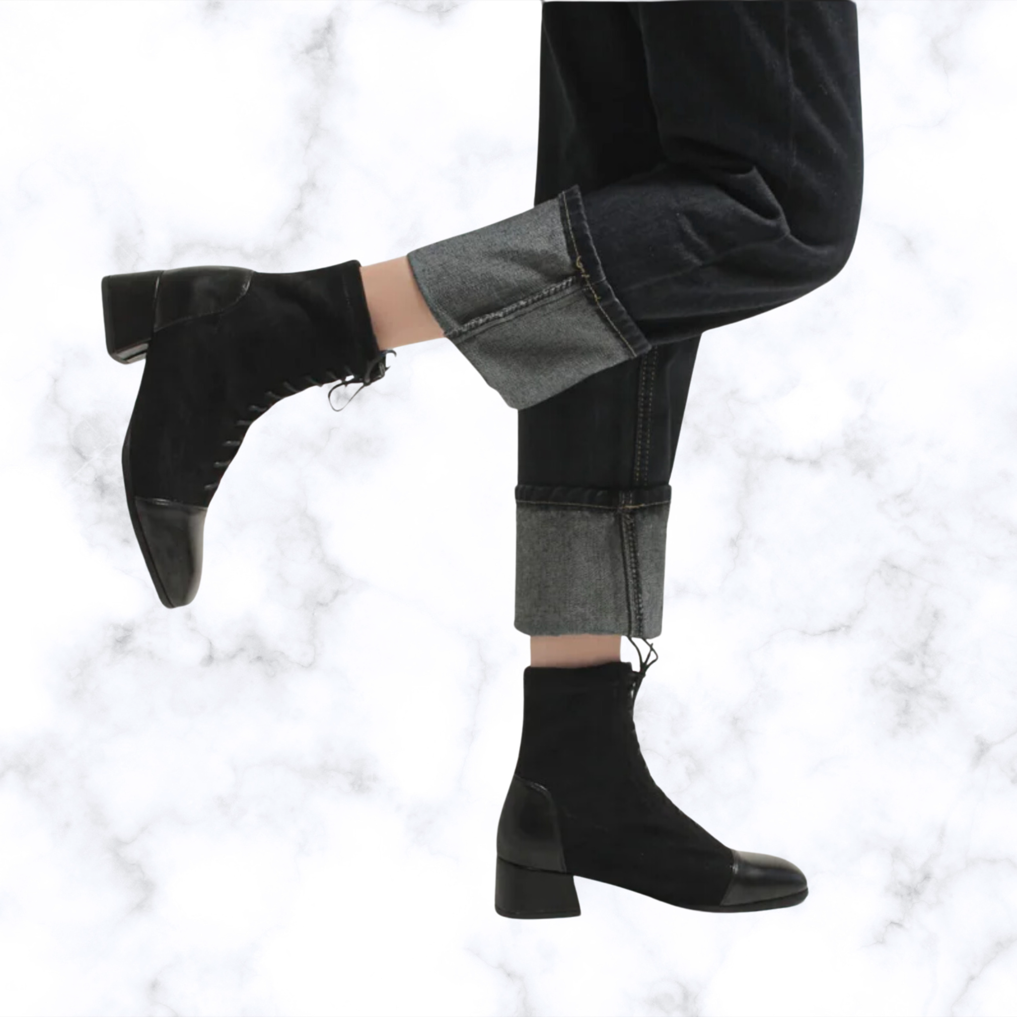 Women's Elegant Lace-Up Ankle Boots – Solid Black or Beige, Square Toe, Low Heels, Fashionable Rubber Design