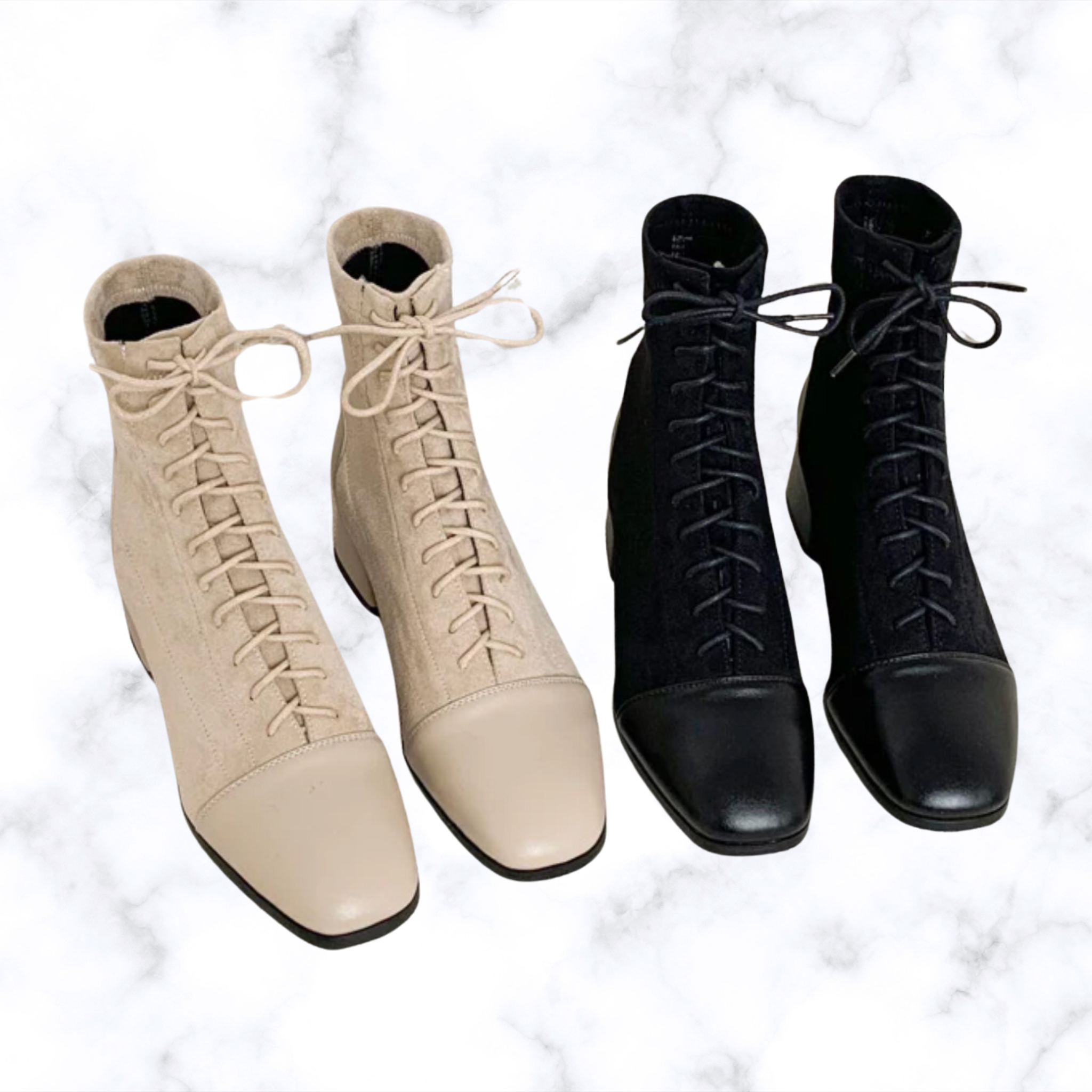 Women's Elegant Lace-Up Ankle Boots – Solid Black or Beige, Square Toe, Low Heels, Fashionable Rubber Design