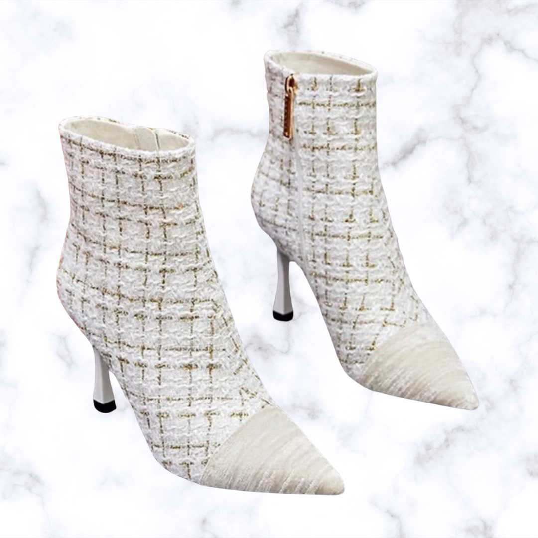 Women's Fashion Spliced Short Boots with Plaid Design, Pointed Toe, and High Heels