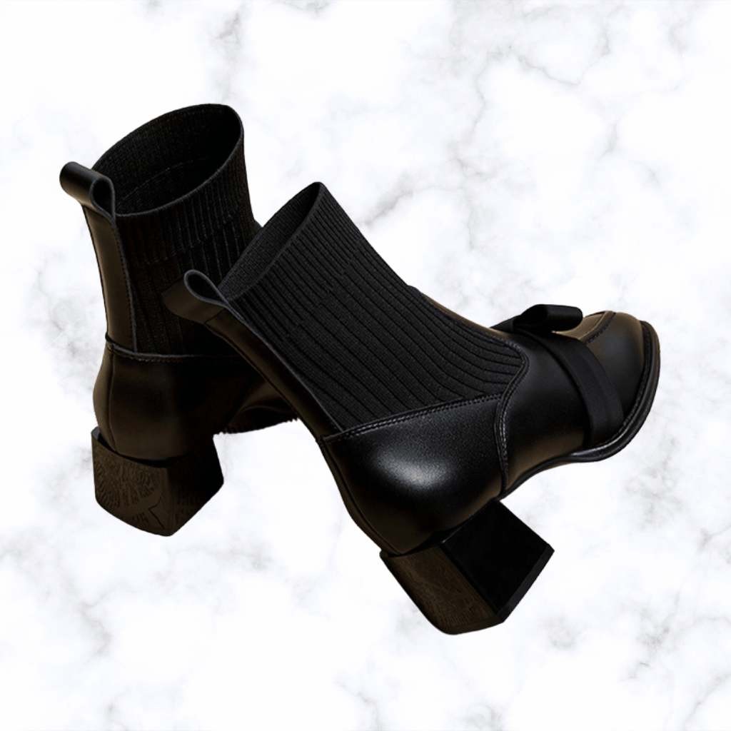 Women's Handmade Bow Mid-Calf Ankle Boots, Chunky Heel Sock Boots, Gothic Trend Designer Shoes