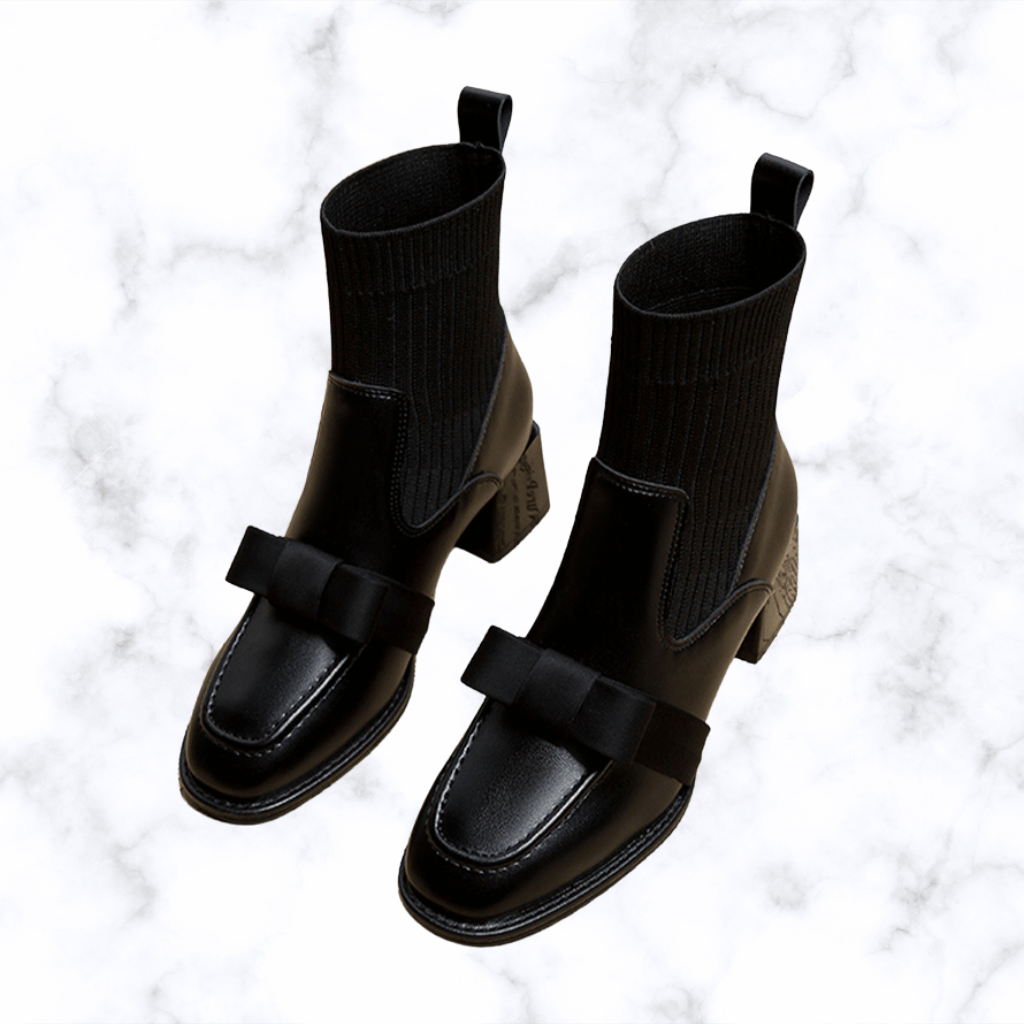 Women's Handmade Bow Mid-Calf Ankle Boots, Chunky Heel Sock Boots, Gothic Trend Designer Shoes