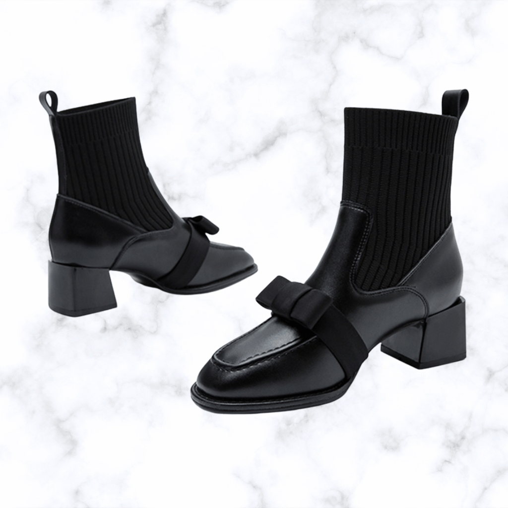 Women's Handmade Bow Mid-Calf Ankle Boots, Chunky Heel Sock Boots, Gothic Trend Designer Shoes