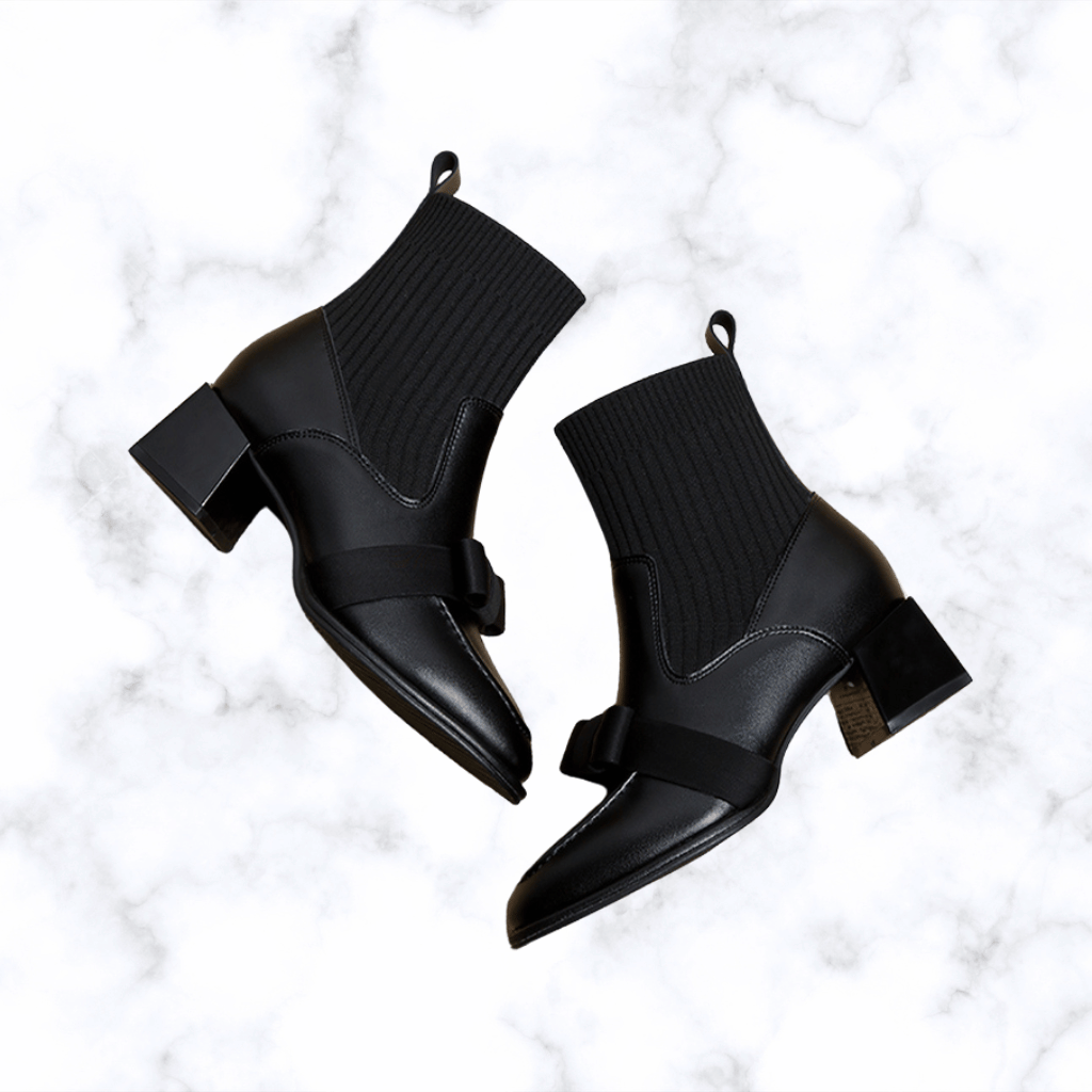 Women's Handmade Bow Mid-Calf Ankle Boots, Chunky Heel Sock Boots, Gothic Trend Designer Shoes