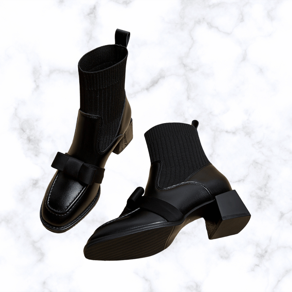 Women's Handmade Bow Mid-Calf Ankle Boots, Chunky Heel Sock Boots, Gothic Trend Designer Shoes