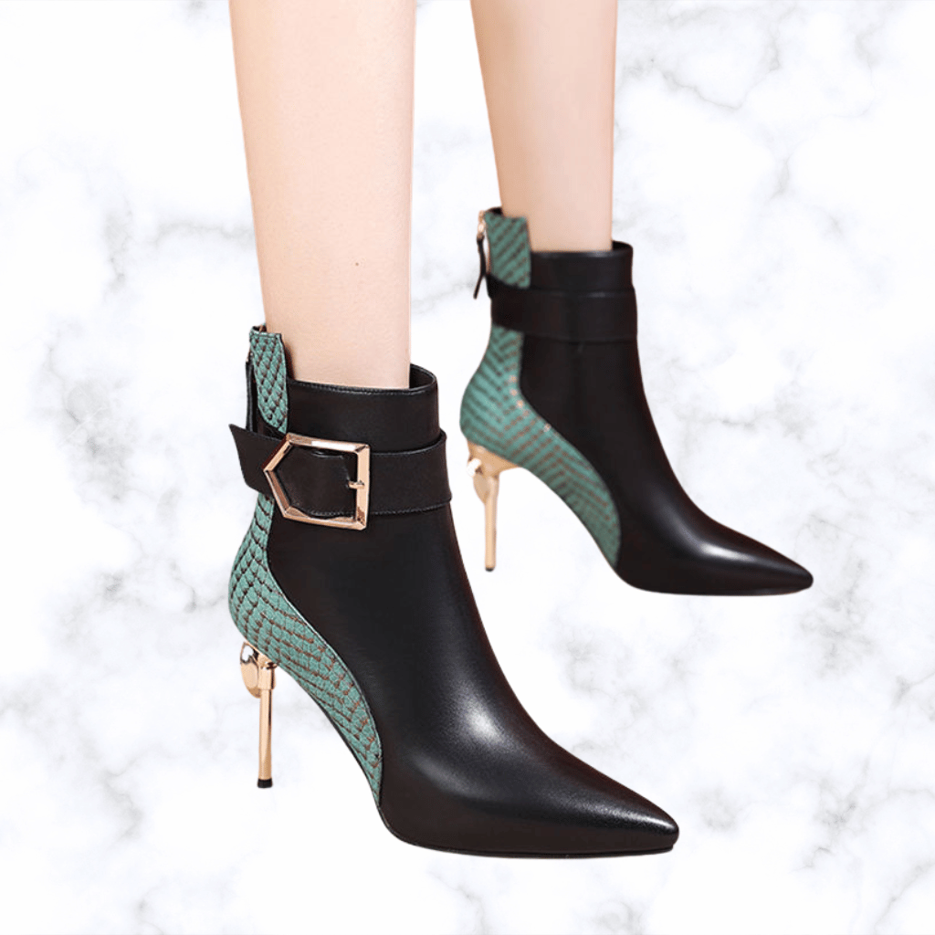 Women's Handmade Retro Leather Boots – Pointed Toe, Belt Buckle, Side Zip, High Heel Winter Party Boots