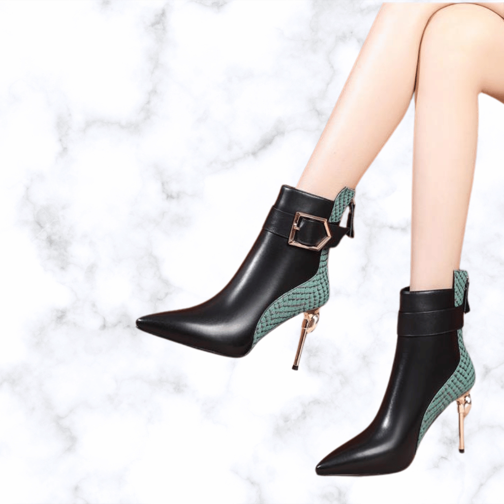 Women's Handmade Retro Leather Boots – Pointed Toe, Belt Buckle, Side Zip, High Heel Winter Party Boots