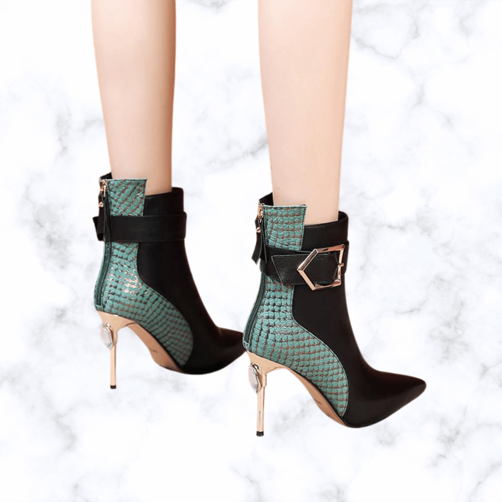 Women's Handmade Retro Leather Boots – Pointed Toe, Belt Buckle, Side Zip, High Heel Winter Party Boots