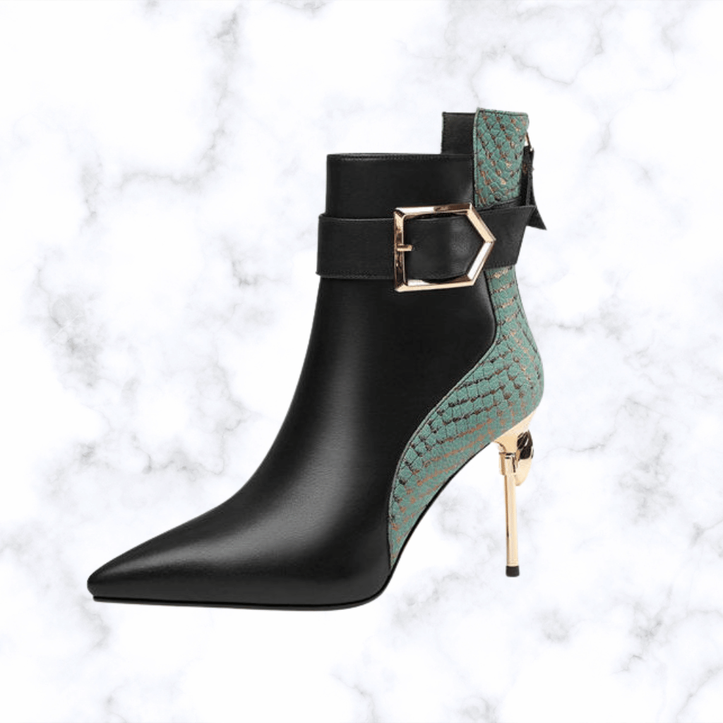 Women's Handmade Retro Leather Boots – Pointed Toe, Belt Buckle, Side Zip, High Heel Winter Party Boots