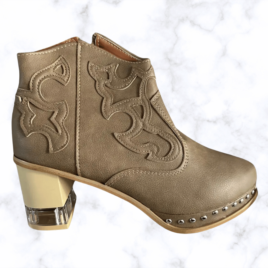 Women's Handmade Retro Leather Boots with Round Toe and Transparent Acrylic High Heels Featuring Metal Rivet Details