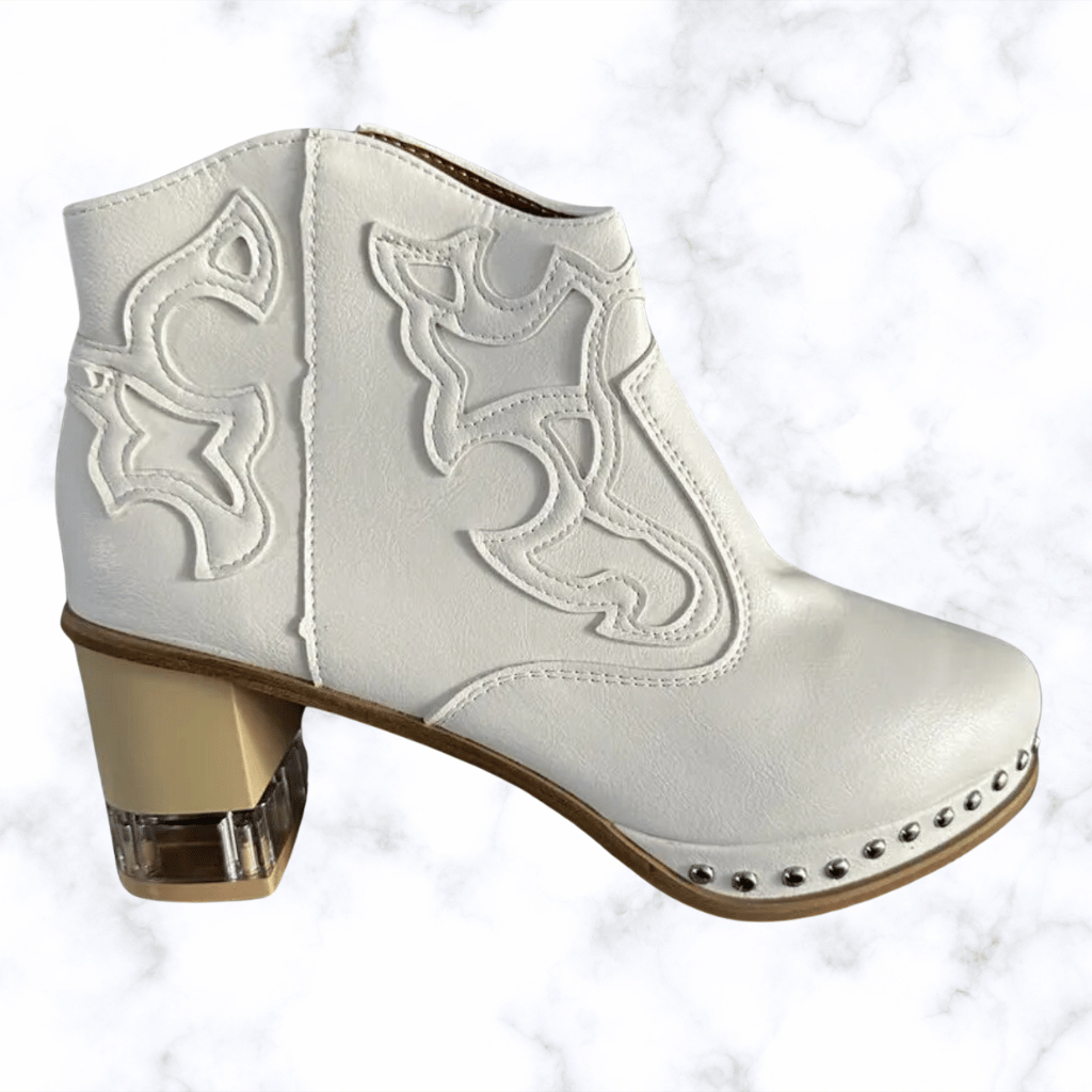 Women's Handmade Retro Leather Boots with Round Toe and Transparent Acrylic High Heels Featuring Metal Rivet Details