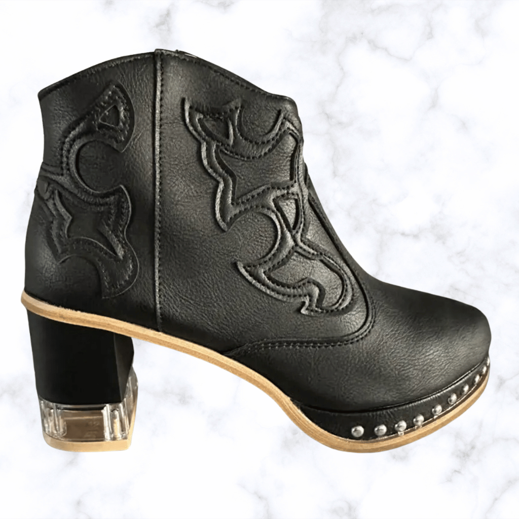 Women's Handmade Retro Leather Boots with Round Toe and Transparent Acrylic High Heels Featuring Metal Rivet Details