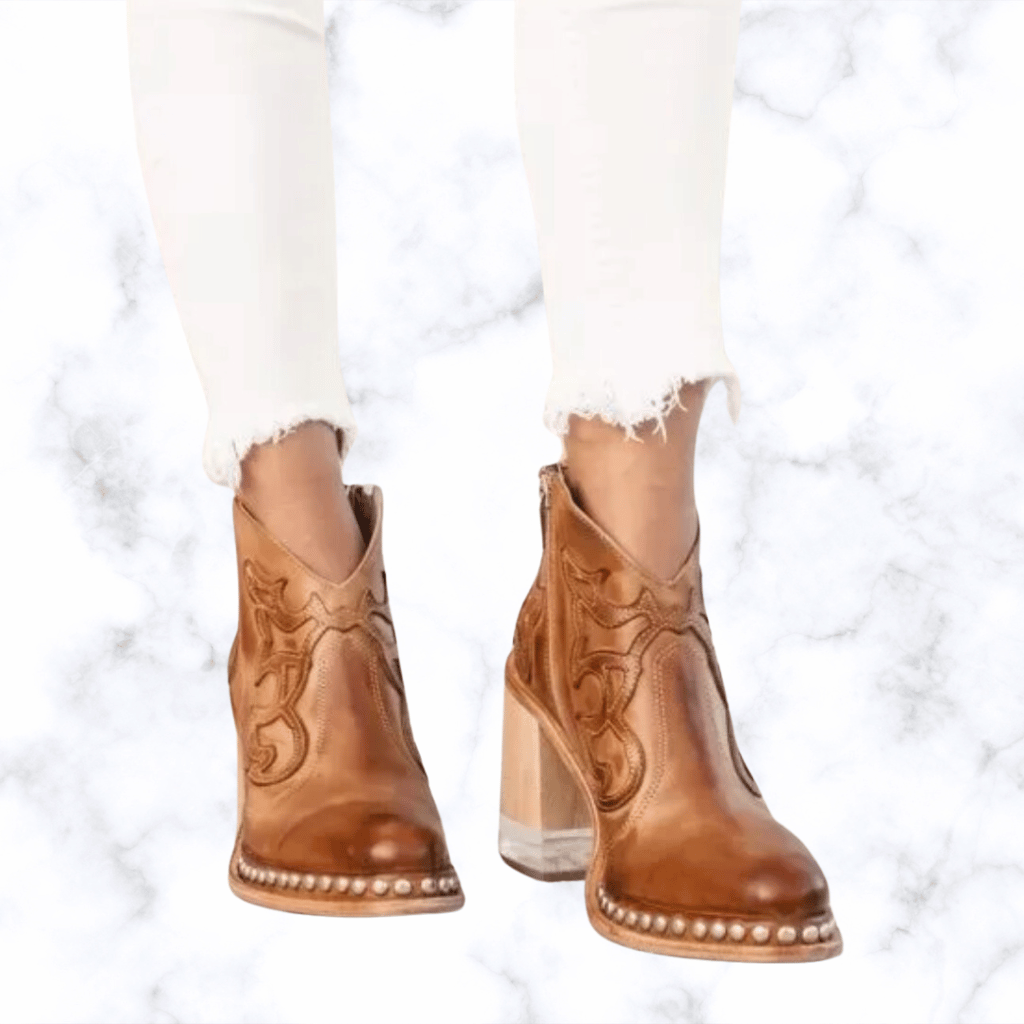 Women's Handmade Retro Leather Boots with Round Toe and Transparent Acrylic High Heels Featuring Metal Rivet Details