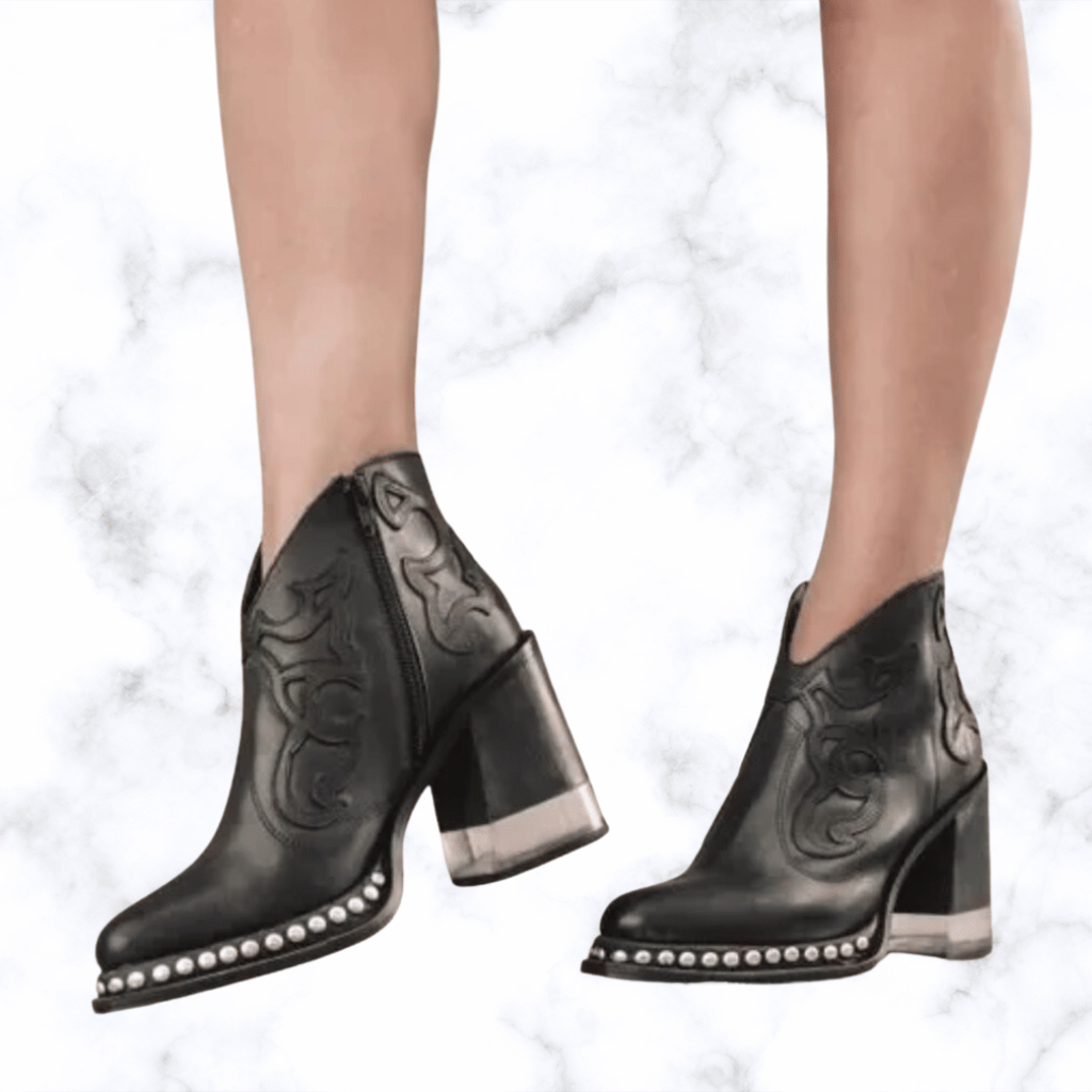 Women's Handmade Retro Leather Boots with Round Toe and Transparent Acrylic High Heels Featuring Metal Rivet Details