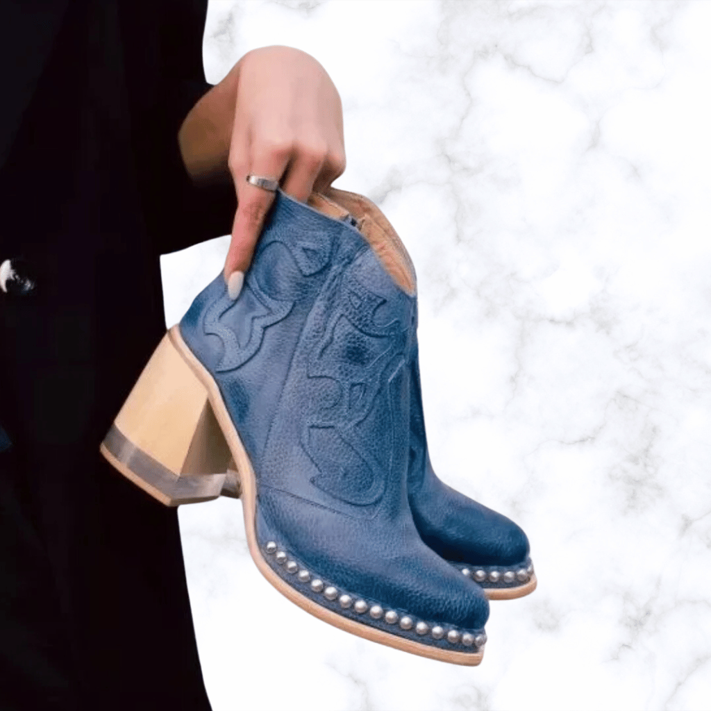 Women's Handmade Retro Leather Boots with Round Toe and Transparent Acrylic High Heels Featuring Metal Rivet Details