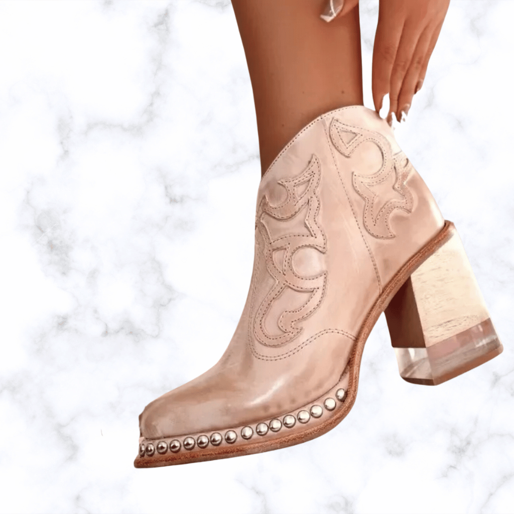 Women's Handmade Retro Leather Boots with Round Toe and Transparent Acrylic High Heels Featuring Metal Rivet Details