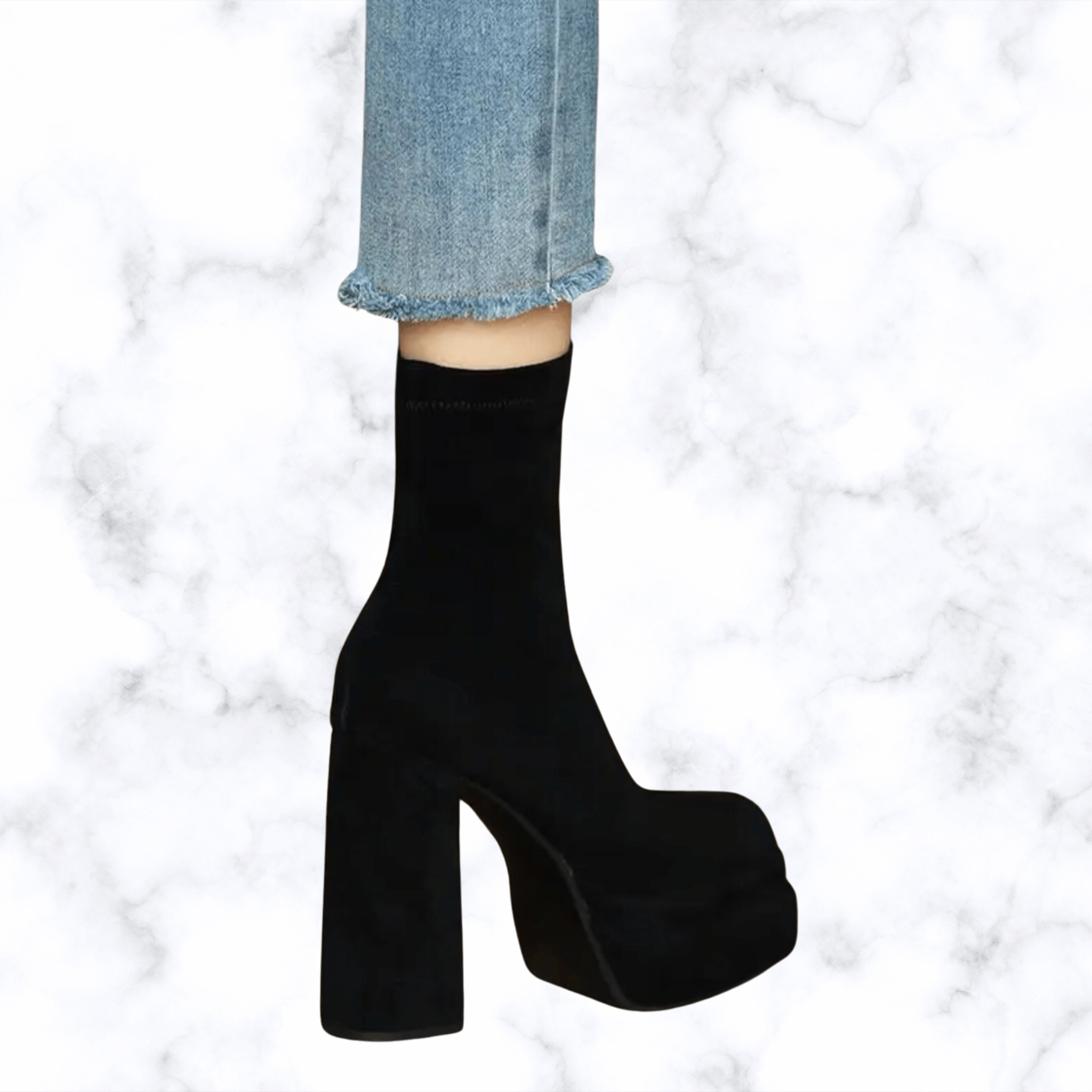 Women's Korean Style Fashion Boots – Thick Heel, Square Toe, Elastic Fit, Waterproof Platform