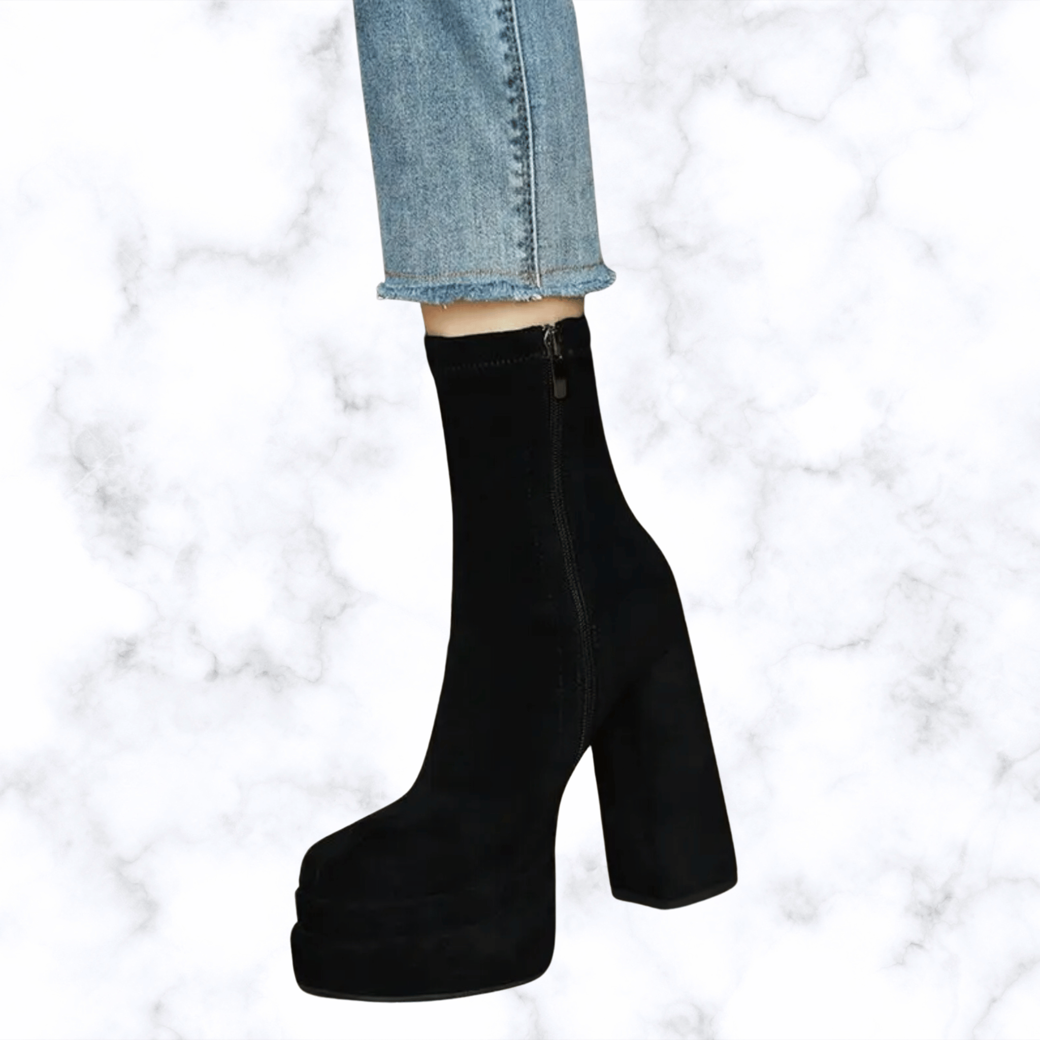 Women's Korean Style Fashion Boots – Thick Heel, Square Toe, Elastic Fit, Waterproof Platform